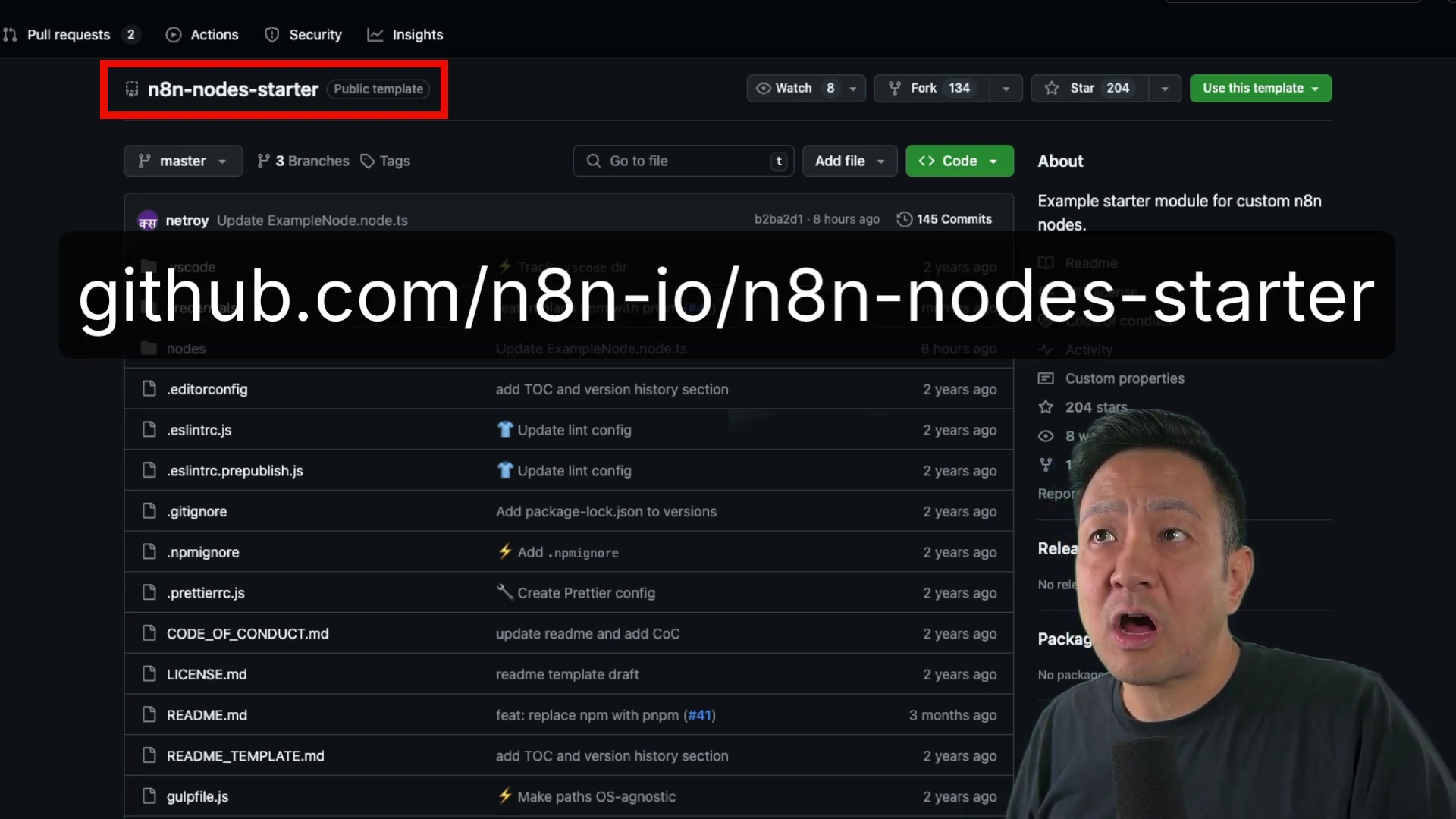 The image shows a screen capture of a GitHub repository page. The repository is named 'n8n-nodes-starter' and is marked as a public template. The URL 'github.com/n8n-io/n8n-nodes-starter' is prominently displayed. The interface includes typical GitHub elements such as branch selection, code viewing options, and file listings. The presenter is visible in the lower portion of the frame.