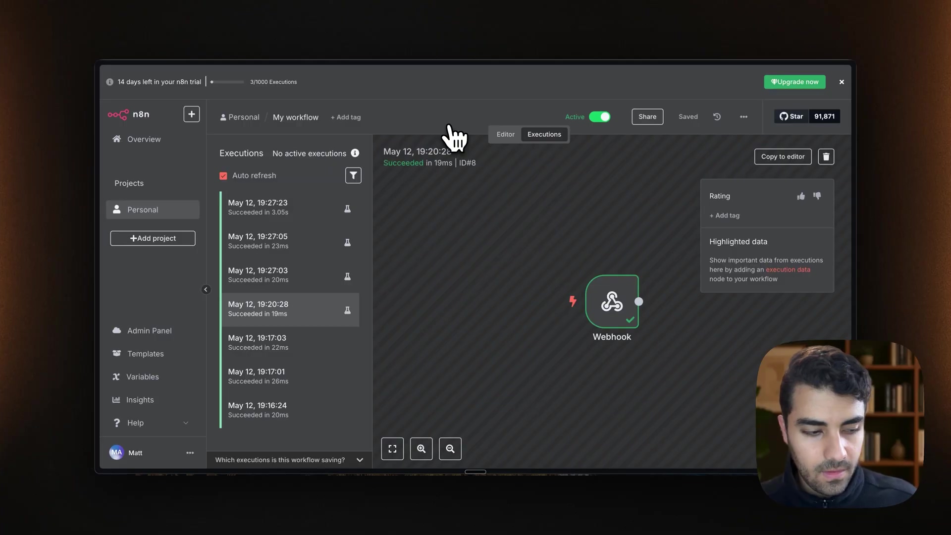 n8n workflow with execution details