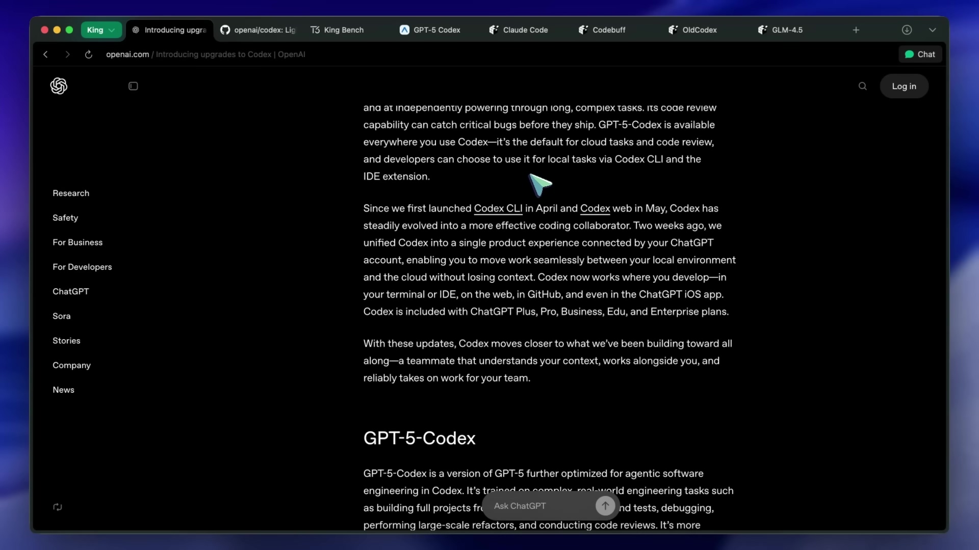 The image shows a webpage with the OpenAI logo. The URL is openai.com / introducing upgrades to Codex | OpenAI. The text reads '...and at independently powering through long, complex tasks. Its code review capability can catch critical bugs before they ship. GPT-5-Codex is available everywhere you use Codex—it's the default for cloud tasks and code review, and developers can choose to use it for local tasks via Codex CLI and the IDE extension.' There is also text about GPT-5-Codex being a version of GPT-5 further optimized for agentic software engineering in Codex.