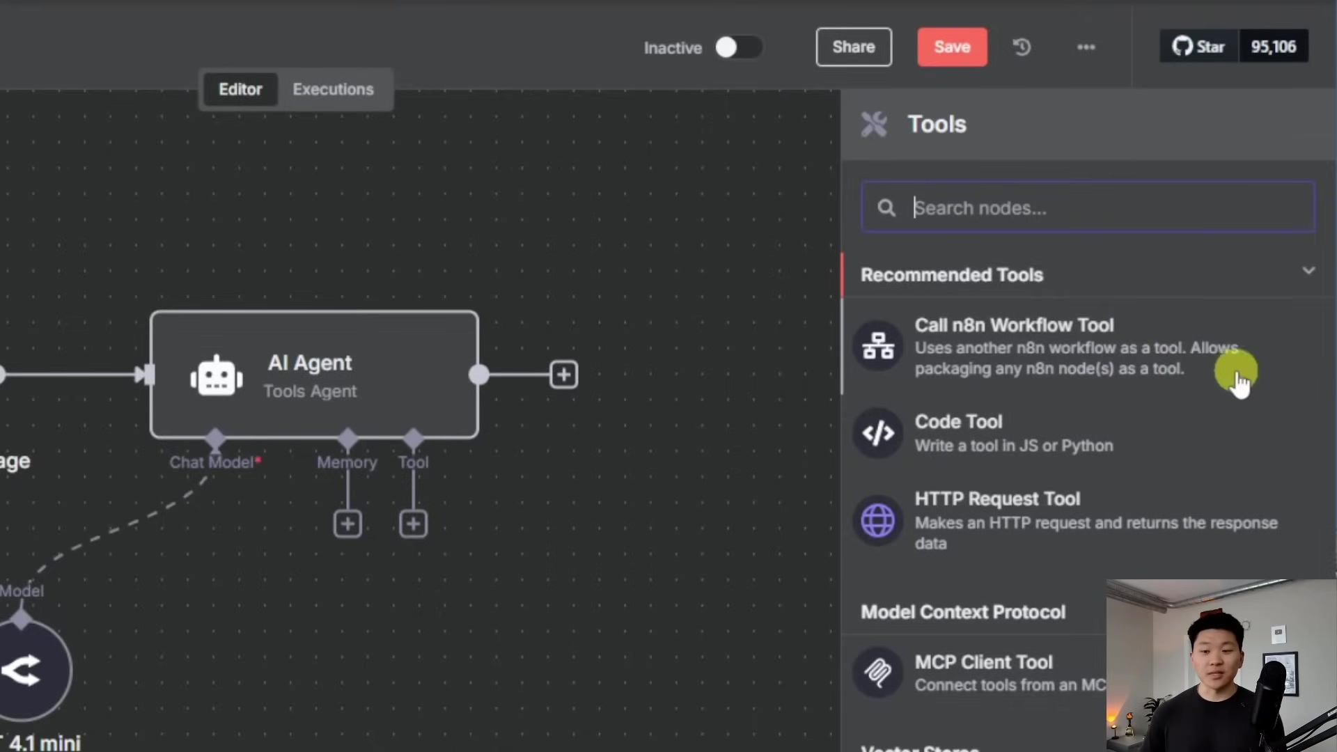 The image shows a close-up of the n8n interface, focusing on the 'Tools' sidebar on the right. The main workflow area on the left displays an 'AI Agent' node with connections to 'Chat Model', 'Memory', and 'Tool' nodes. The 'Tools' sidebar has a search bar labeled 'Search nodes...' and lists 'Recommended Tools' such as 'Call n8n Workflow Tool', 'Code Tool', 'HTTP Request Tool', and 'Model Context Protocol'. A human figure is visible in the bottom right corner, looking at the screen. The top bar shows 'Share', 'Save', 'Star', and '95,106'.