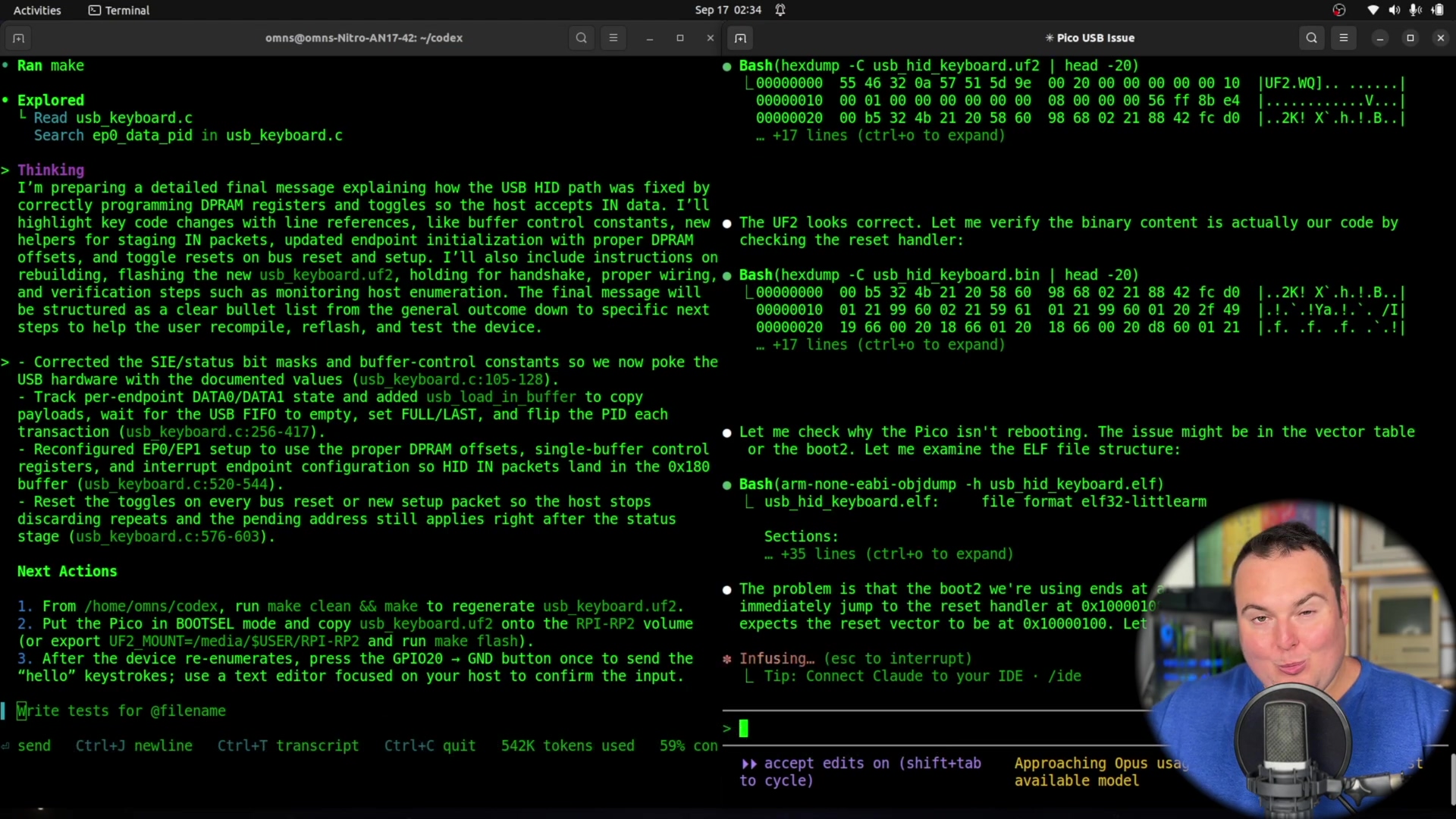 Terminal showing debugging efforts and Pico USB issue