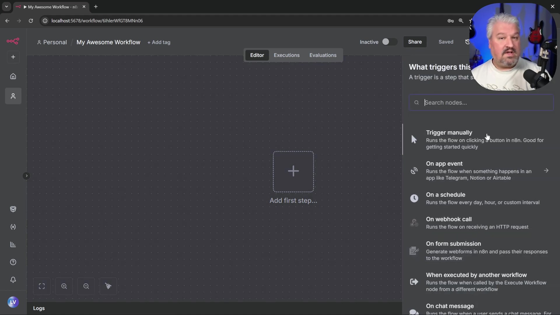 n8n workflow editor showing trigger options sidebar