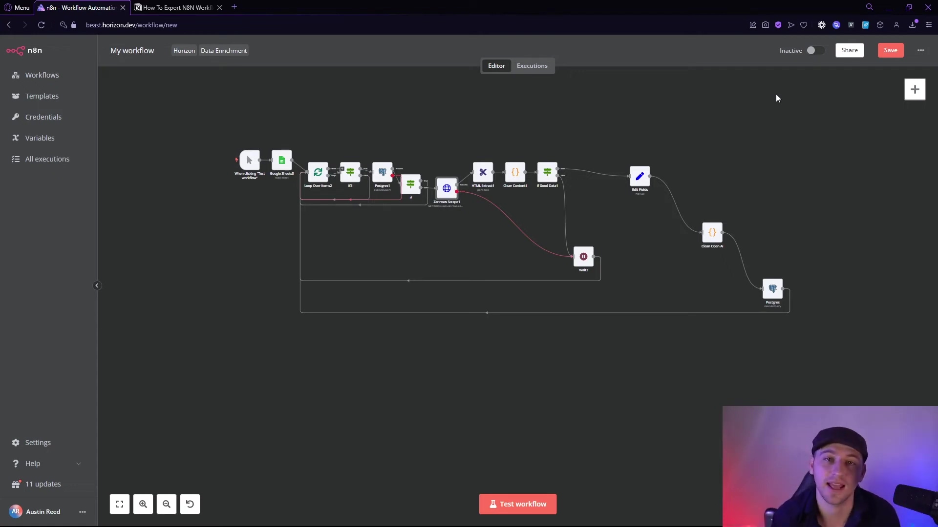 The image displays the n8n workflow automation interface, similar to the previous image, but with the 'ZenRows Scrape' node's configuration panel closed. The workflow diagram is visible, showing interconnected nodes such as 'Google Sheets', 'Edit Fields', 'Postgres', 'OpenAI', and 'ZenRows Scrape'. The top navigation bar includes 'My workflow', 'Horizon', 'Data Enrichment', 'Edit', 'Executions', 'Inactive', 'Share', and 'Save'. The left sidebar lists 'Workflows', 'Templates', 'Credentials', 'Variables', and 'All executions'. At the bottom left, 'Settings', 'Help', and '11 updates' are visible, along with the user's profile picture and name 'Austin Reed'. A 'Test workflow' button is at the bottom center. The user is visible in the bottom right corner of the screen, looking at the interface and speaking.
