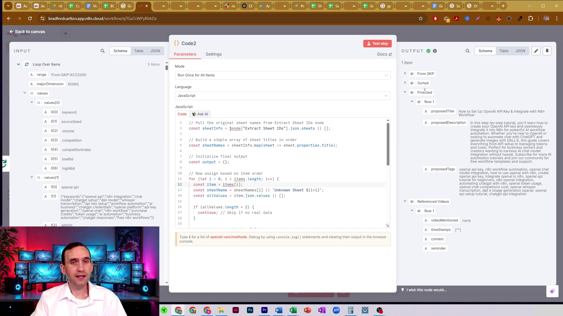 The image displays a split screen with a man on the bottom left and an n8n workflow interface on the top right. The n8n interface shows a 'Code2' node with its 'Output' panel active, displaying processed data. On the right side, under 'OUTPUT', there's a 'Finalized' section with 'ProposedTitle', 'ProposedDescription', and 'ProposedTags', each containing detailed text related to SEO and video content. Below these, 'Referenced Videos' and 'TimeStamps' are also visible. The man in the bottom left is wearing a blue shirt and is looking towards the right, with multiple computer monitors behind him. The interface is in dark mode.