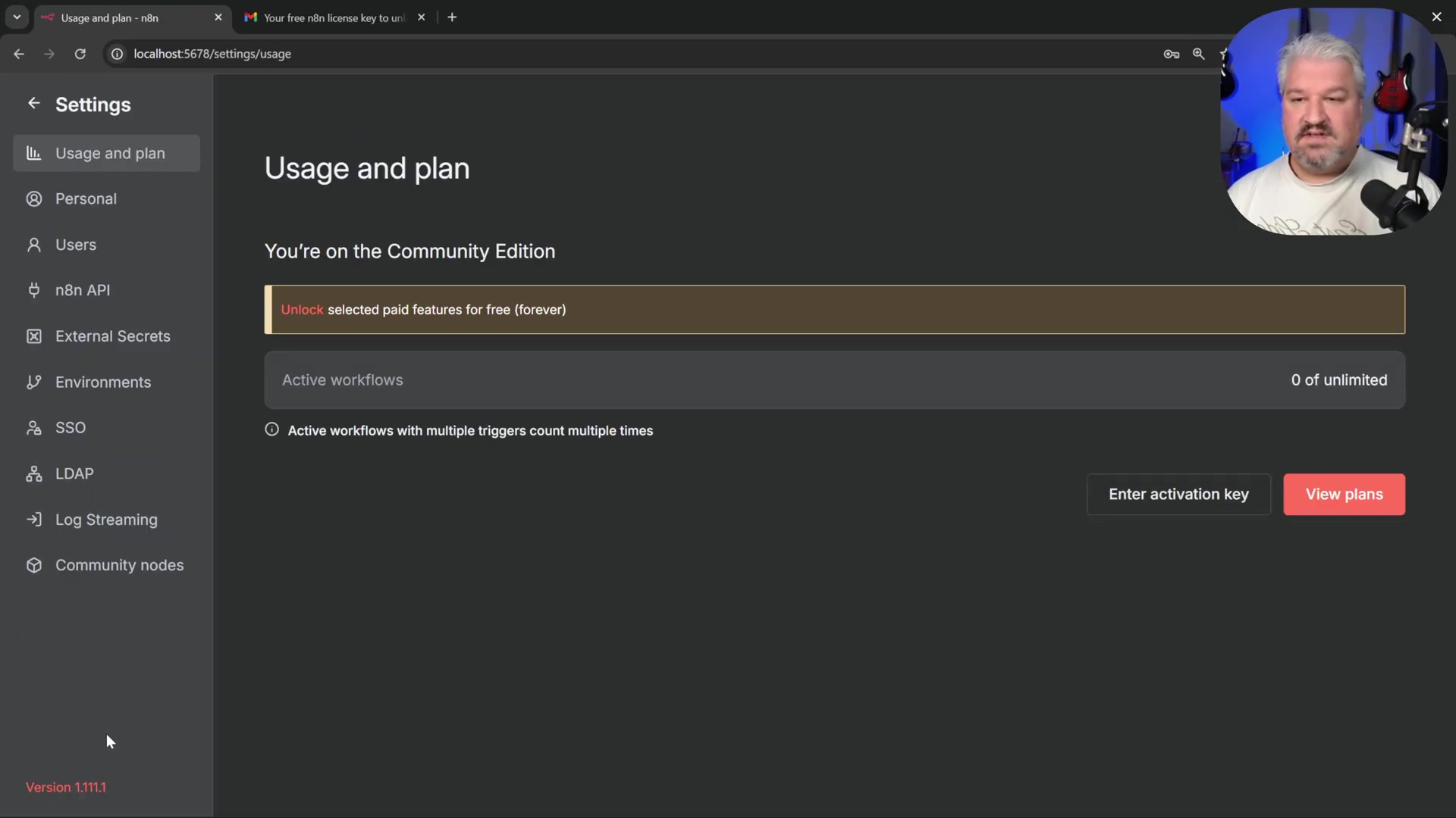 n8n usage and plan settings with 'Enter activation key' butt