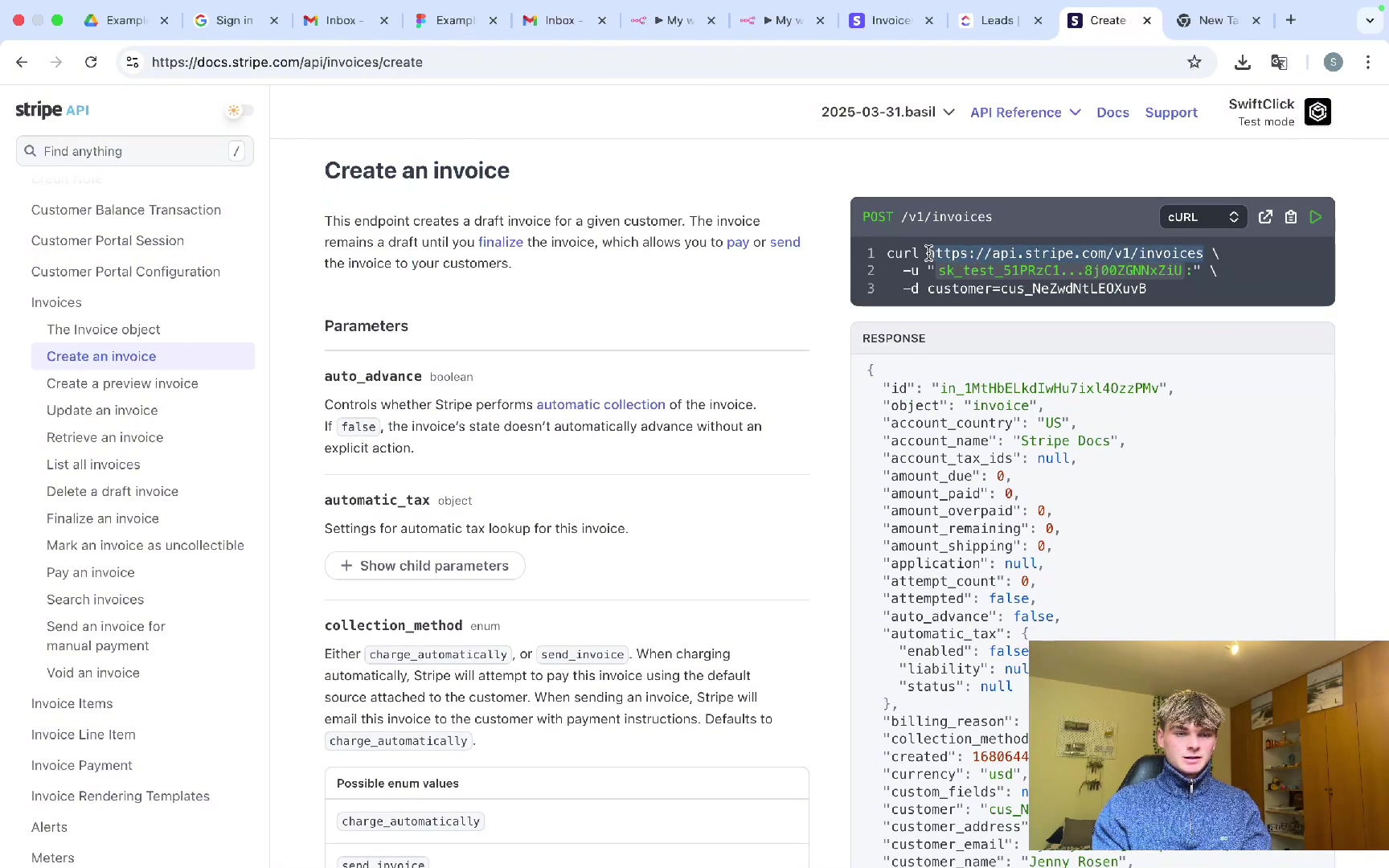 Stripe API documentation for creating an invoice
