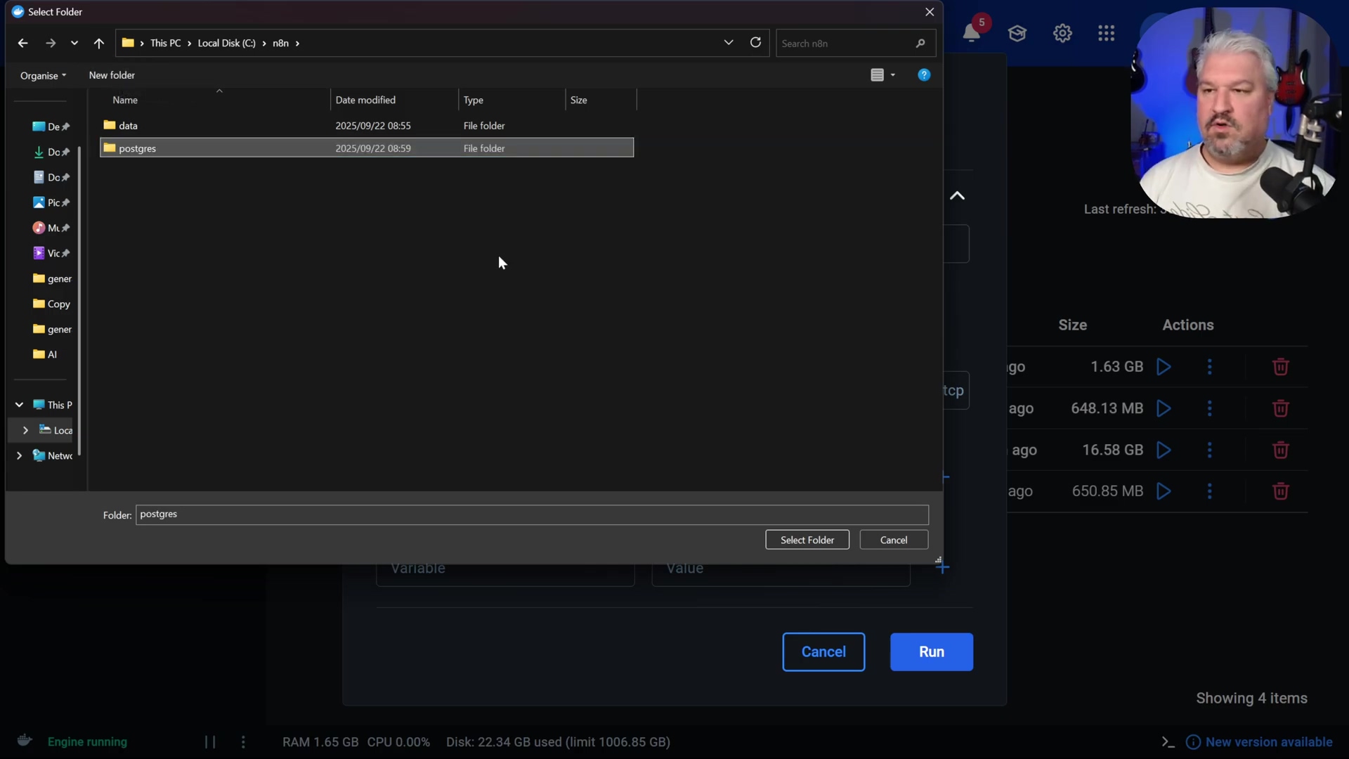 Windows file explorer dialog showing selection of 'postgres'