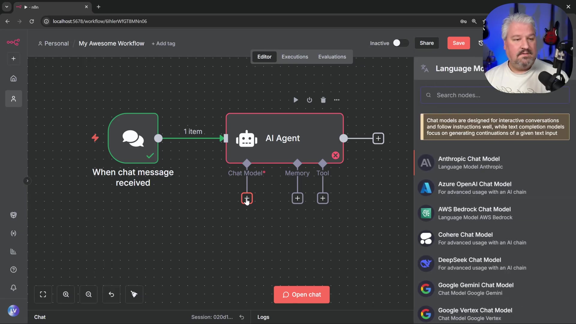 n8n workflow with 'Chat Message' and 'AI Agent' nodes, showi