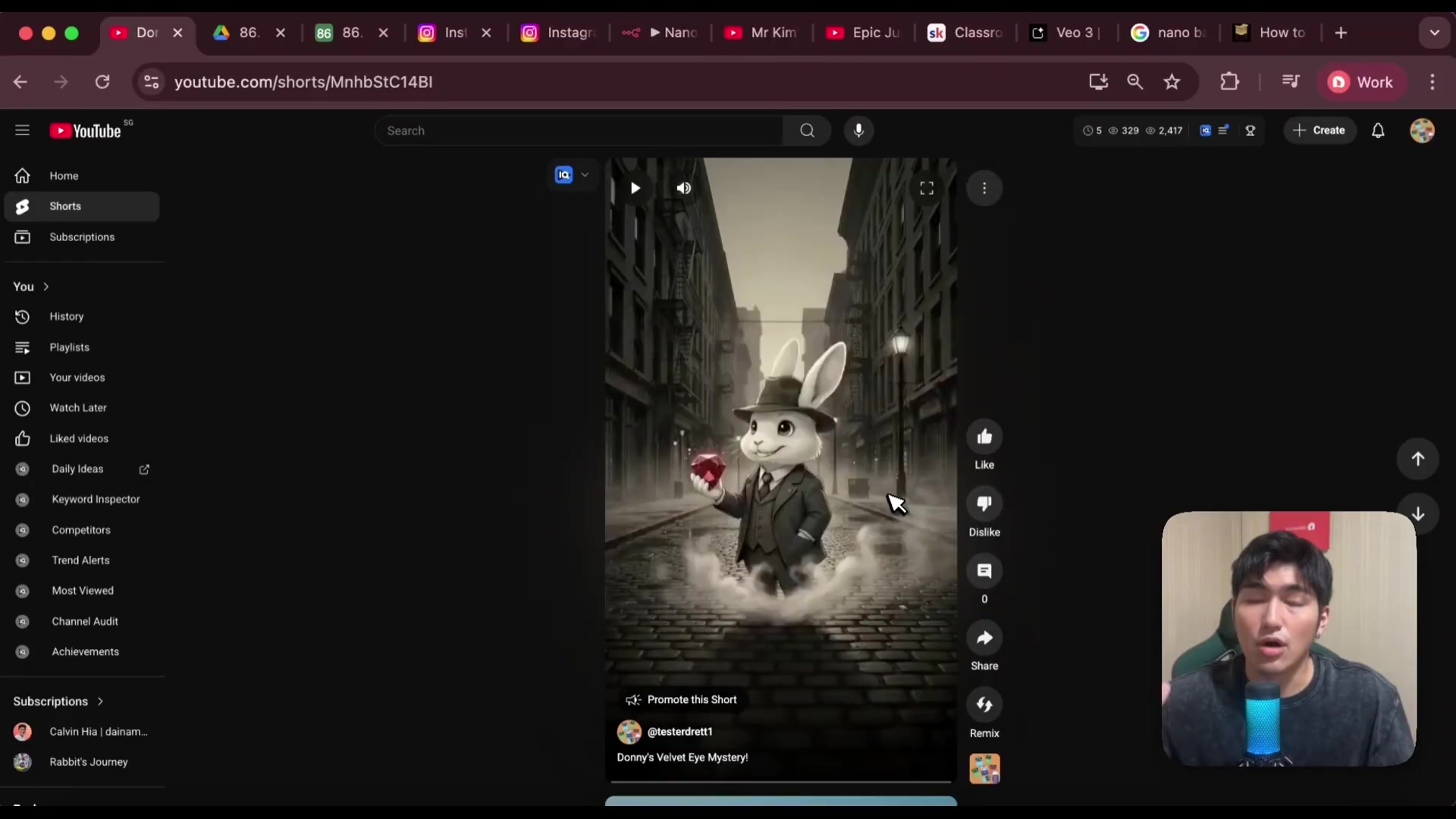 The image displays a YouTube Shorts video playing on a desktop browser. The video features an anthropomorphic white rabbit character, dressed in a suit and hat, holding a red object. The rabbit is surrounded by a glowing aura and stands on a cobblestone street in a city with tall, dark buildings. The YouTube interface is visible with navigation on the left, video controls, and engagement buttons (Like, Dislike, Share, Remix) on the right. Below the video, text indicates 'Promote this Short' and the video title 'Donny's Velvet Eye Mystery'. A speaker is visible in the bottom right corner of the screen, partially obscuring the YouTube interface.