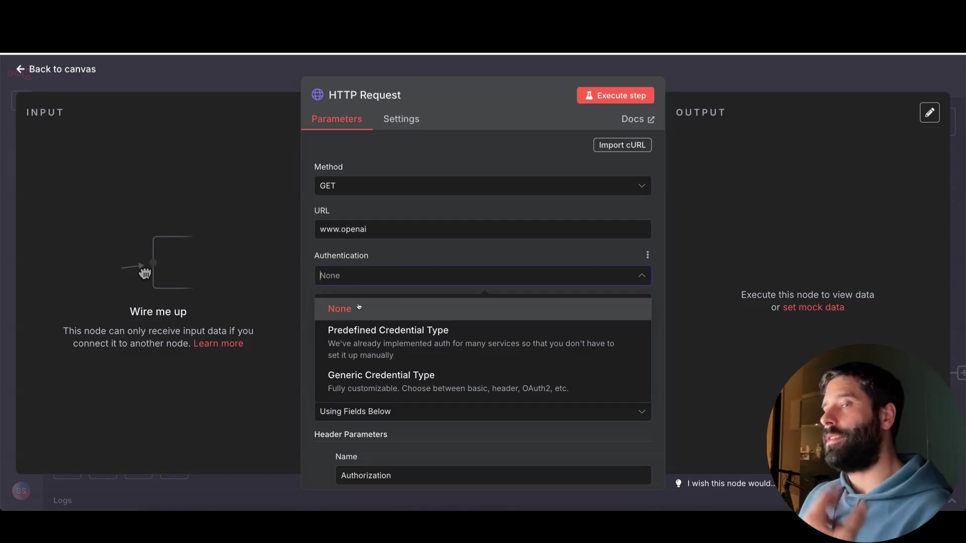 The image displays a dark-themed n8n workflow interface, focusing on an "HTTP Request" node. The node has two main sections: "INPUT" and "OUTPUT". The "Parameters" tab is active, showing fields for configuring an HTTP request. Key fields include "Method" (with a dropdown showing "GET"), "URL" (with "www.openai" entered), and "Authentication" (with a dropdown showing "None"). Below the "Authentication" field, an expanded section shows "None" selected as the "Predefined Credential Type" and "Generic Credential Type" as another option. Further down, there's a "Using Fields Below" section with "Header Parameters" and fields for "Name" and "Authorization". On the top right of the node, there's an "Execute step" button in red and an "Import cURL" button. A sidebar on the left has a "Logs" section. A man is visible on the bottom right, looking towards the screen.