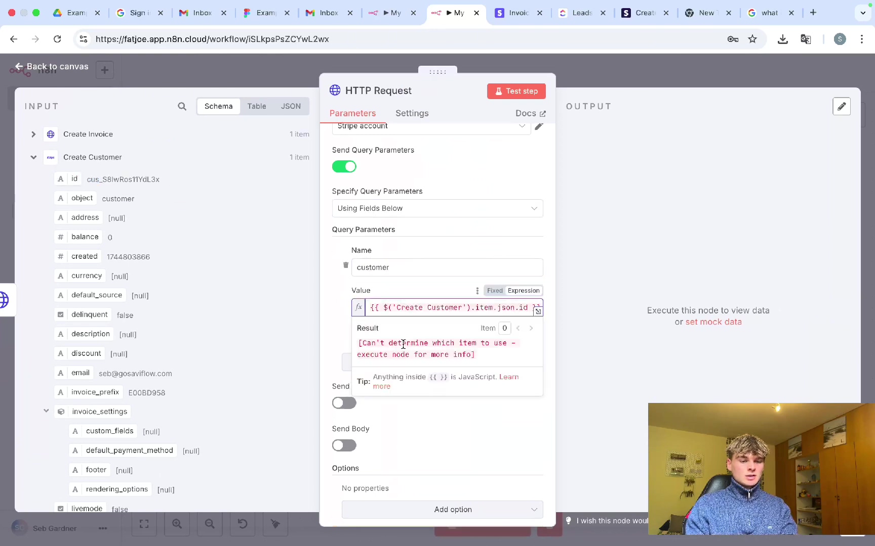 n8n HTTP Request node with invoice JSON input