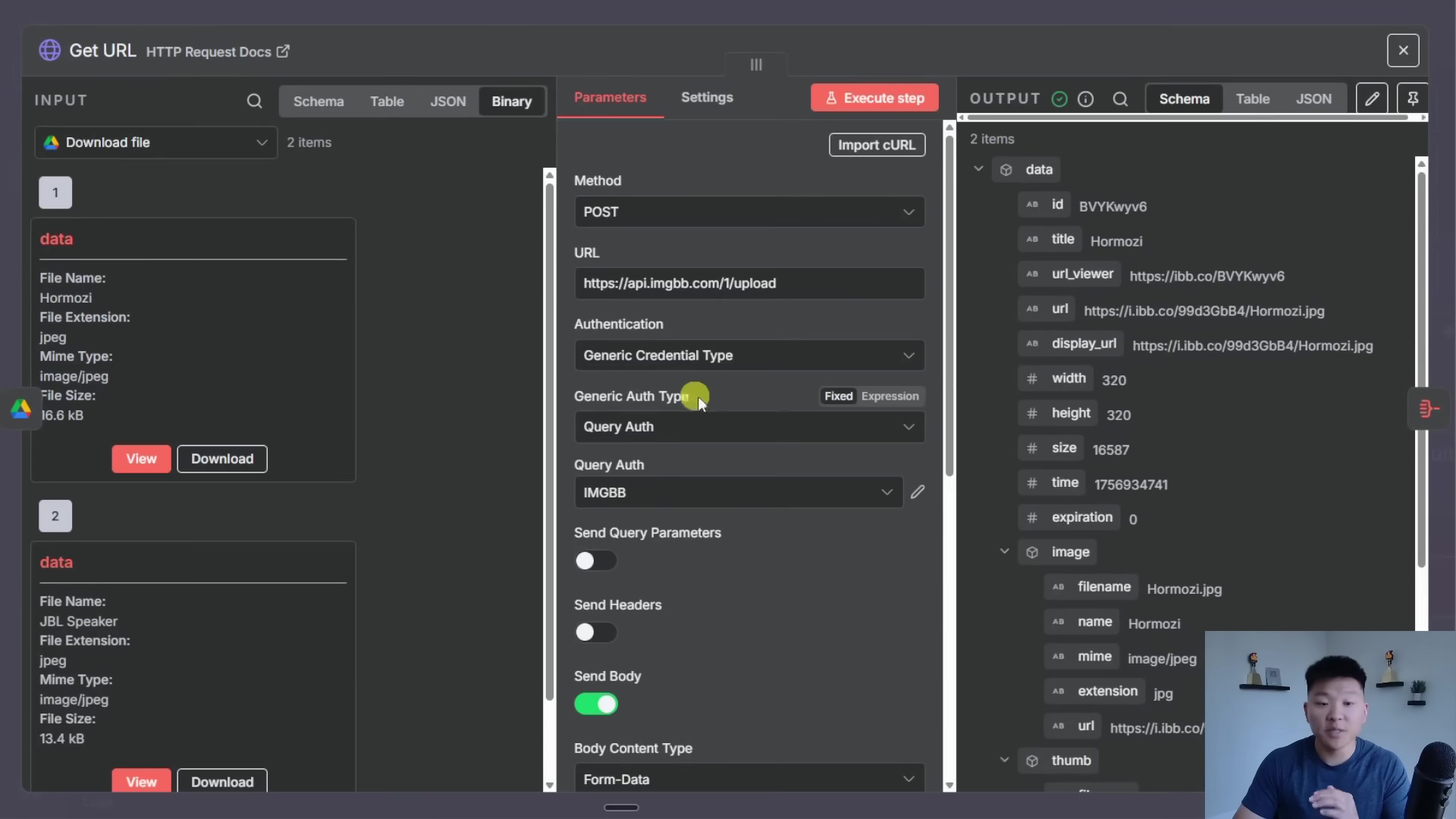 The image displays a software interface for configuring a 'GET URL HTTP Request' node within a workflow. The screen is divided into three main sections: 'INPUT' on the left, 'Parameters' in the center, and 'OUTPUT' on the right. The 'INPUT' section shows two data entries, each with 'File Name', 'File Extension', 'Mime Type', and 'File Size' details, along with 'View' and 'Download' buttons. The 'Parameters' section, which is the active tab, contains fields for 'Method' (POST), 'URL' (https://api.imgbb.com/1/upload), 'Authentication' (Generic Credential Type), 'Query Auth' (IMGBB), 'Send Query Parameters', 'Send Headers', 'Send Body', and 'Body Content Type' (Form-Data). The 'OUTPUT' section on the right displays structured data, including 'id', 'title', 'urlViewer', 'display_url', 'width', 'height', 'size', 'time', 'expiration', and 'image' details, with 'filename', 'name', 'mime', 'extension', and 'url' for the image. A person is visible in the bottom right corner, looking at the screen.