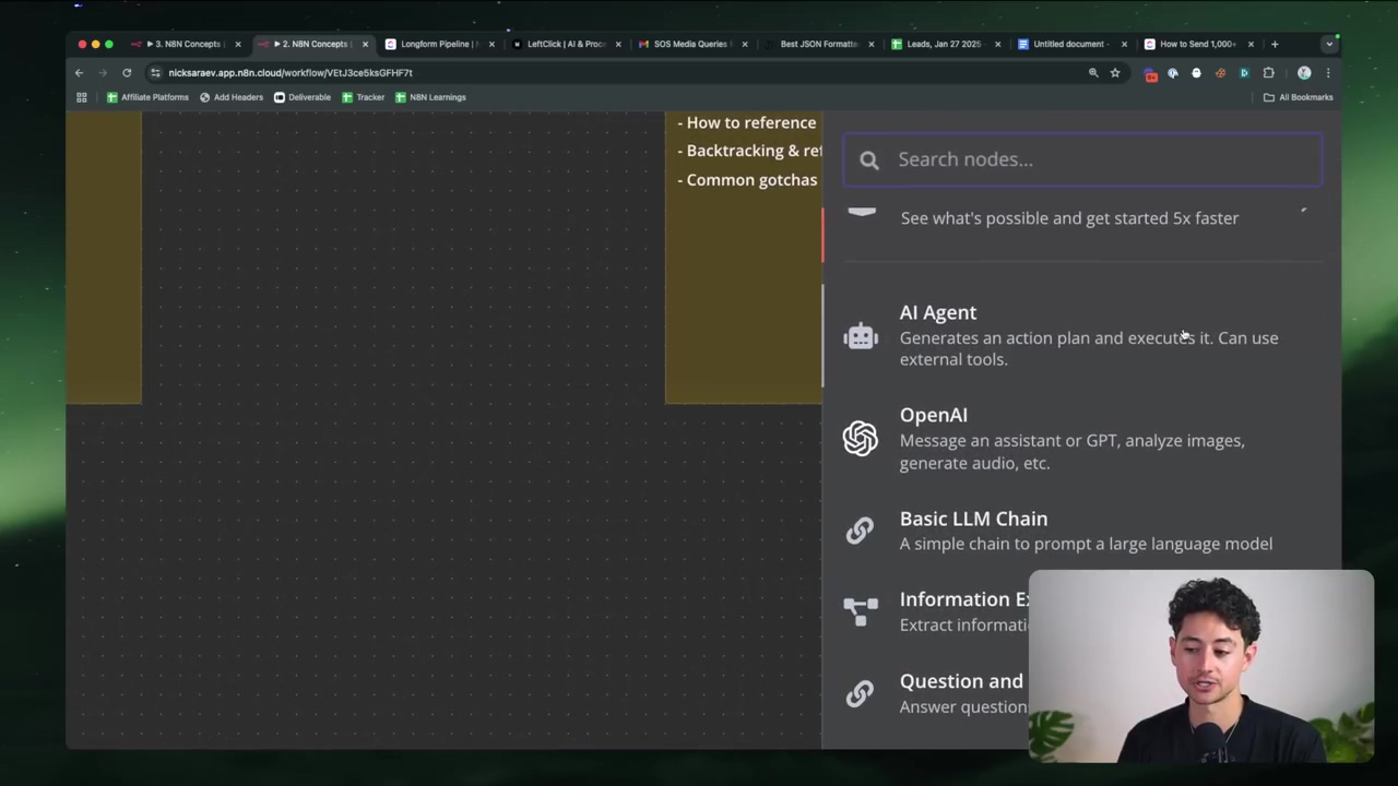 The image displays the n8n workflow editor with a search overlay for adding new nodes. On the left, a dark grey canvas is visible with a partially visible yellow box containing text 'How to reference', 'Backtracking & rel', and 'Common gotchas'. On the right, a 'Search nodes...' input field is prominent at the top of the overlay. Below it, a message reads 'See what's possible and get started 5x faster'. Several node suggestions are listed, including 'AI Agent' with a robot icon, 'OpenAI' with a cloud icon, 'Basic LLM Chain', 'Information E', and 'Question and Answer question'. A person is visible in the bottom right corner, looking towards the screen.