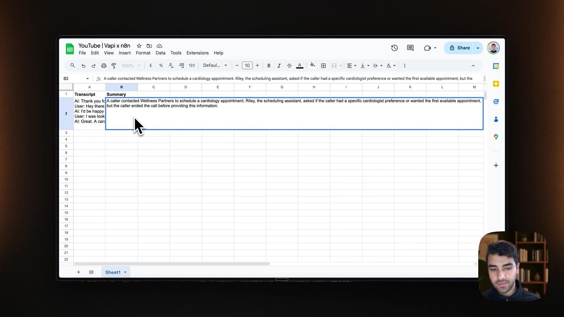 Google Sheet populated with call transcript and summary