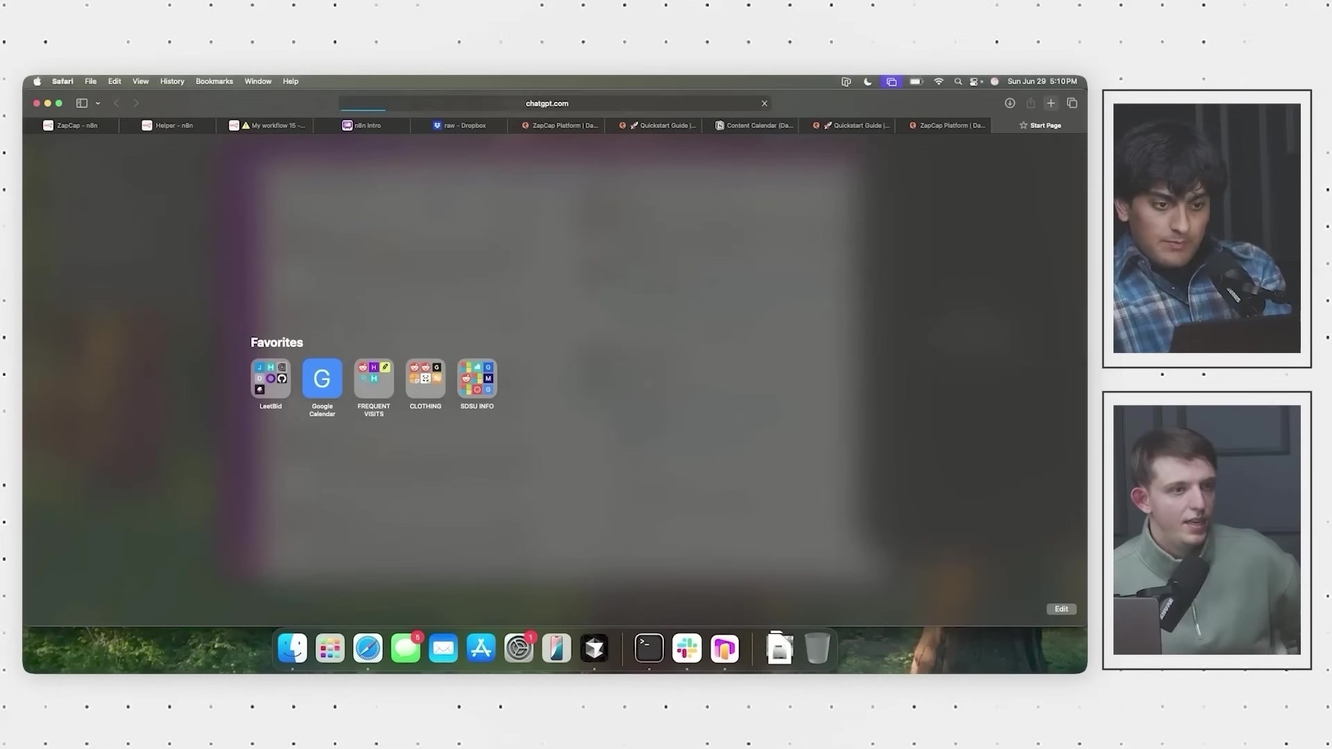 The image shows a macOS desktop with a Safari browser window open, displaying a blurred background with 'Favorites' icons. The browser's address bar shows 'chatgpt.com'. The favorites include icons for 'VibeCode', 'Google Calendar', 'FREQUENT VISITS', 'CLOTHING', and 'TOTAL INFO'. On the right side of the screen, two smaller inset video frames show two male presenters, one in the upper right and one in the lower right, both looking towards the left side of the screen. The overall scene suggests a demonstration or tutorial setting.