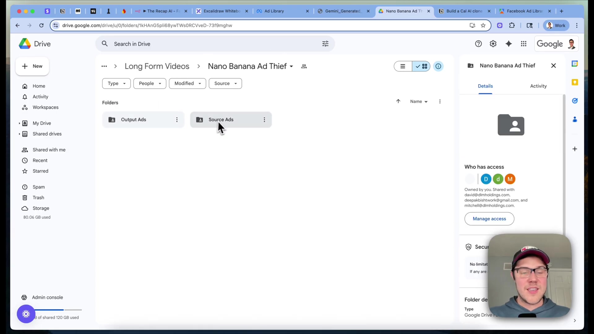 The image displays a Google Drive interface, showing a folder structure for 'Long Form Videos' > 'Nano Banana Ad Thief'. The main panel shows two subfolders: 'Output Ads' and 'Source Ads'. The 'Source Ads' folder is currently selected and highlighted. On the right, a 'Details' panel is open, showing information about the 'Nano Banana Ad Thief' folder, including its owner and sharing settings. A person is visible in the bottom right corner of the screen, partially obscured by the interface.