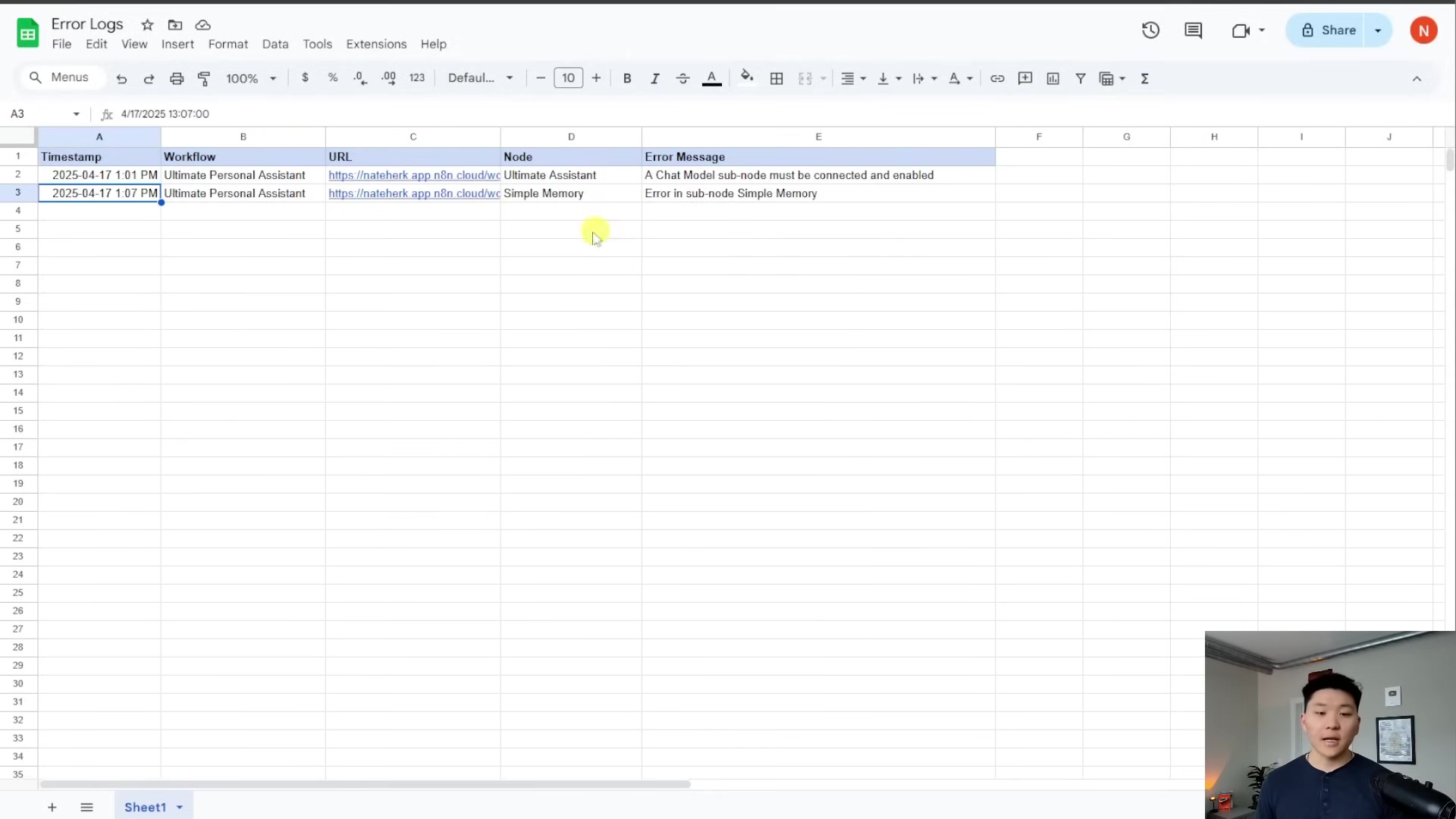 The image shows a Google Sheet titled 'Error Logs' with columns for 'Timestamp', 'Workflow', 'URL', 'Node', and 'Error Message'. The sheet contains two rows of data. The first row, dated '2025-04-17 1:01 PM', indicates an error in the 'Ultimate Personal Assistant' workflow, with a URL pointing to an n8n.app link, and an error message stating 'A Chat Model sub-node must be connected and enabled'. The second row, dated '2025-04-17 1:07 PM', also for 'Ultimate Personal Assistant', shows an error in 'Simple Memory' with the message 'Error in sub-node Simple Memory'. The Google Sheet interface is visible with menu options like 'File', 'Edit', 'View', 'Insert', 'Format', 'Data', 'Tools', 'Extensions', and 'Help'. A person, likely the presenter, is visible in the bottom right corner, looking towards the screen.