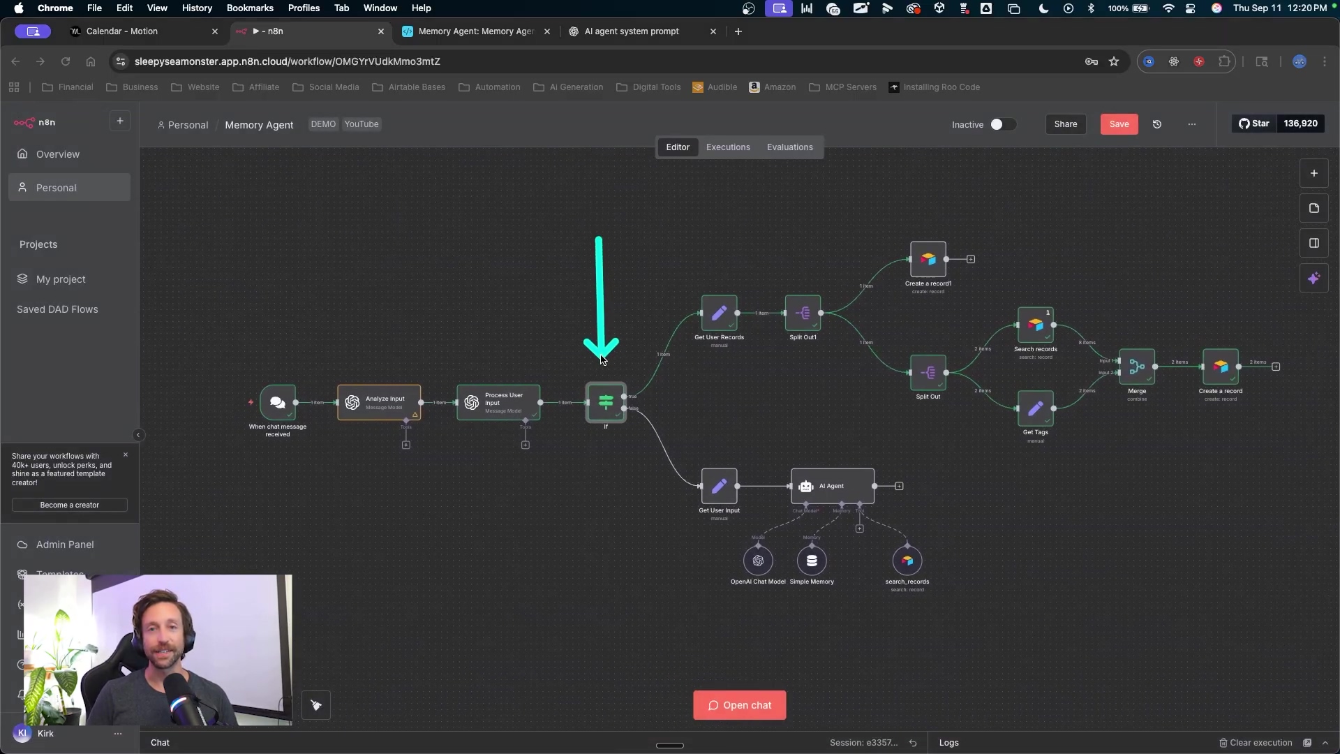 The image displays a complex n8n workflow diagram, a visual representation of an automation process. Multiple interconnected nodes are arranged horizontally, showing the flow of data and actions. A large, bright blue arrow points to a specific node labeled 'Process User Input', which is centrally located in the workflow. The nodes include 'Analyze Input', 'Process User Input', 'Get User Records', 'Split Out', 'Create a record', 'Search records', 'Merge', and 'Get Tags'. A man is visible in a video call overlay in the bottom left corner, looking at the screen. The interface has a dark theme with white text and colorful node connections. The top bar shows browser tabs and n8n navigation elements.