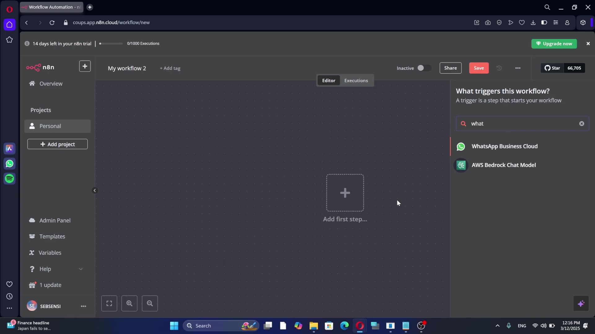 The image displays the n8n workflow automation interface. On the left, a dark sidebar shows navigation options like 'Overview', 'Projects', 'Admin Panel', 'Templates', 'Variables', 'Help', and 'Update'. The main area is a canvas for building workflows, currently showing a 'My workflow 2' tab. A large plus icon with 'Add first step...' indicates where to begin a new workflow. On the right, a search bar is active, with the text 'what' typed in, and search results below it including 'WhatsApp Business Cloud' and 'AWS Bedrock Chat Model'. At the top, there's a browser address bar showing 'coups.app.n8n.cloud/workflow/new' and a notification '14 days left in your n8n trial'.