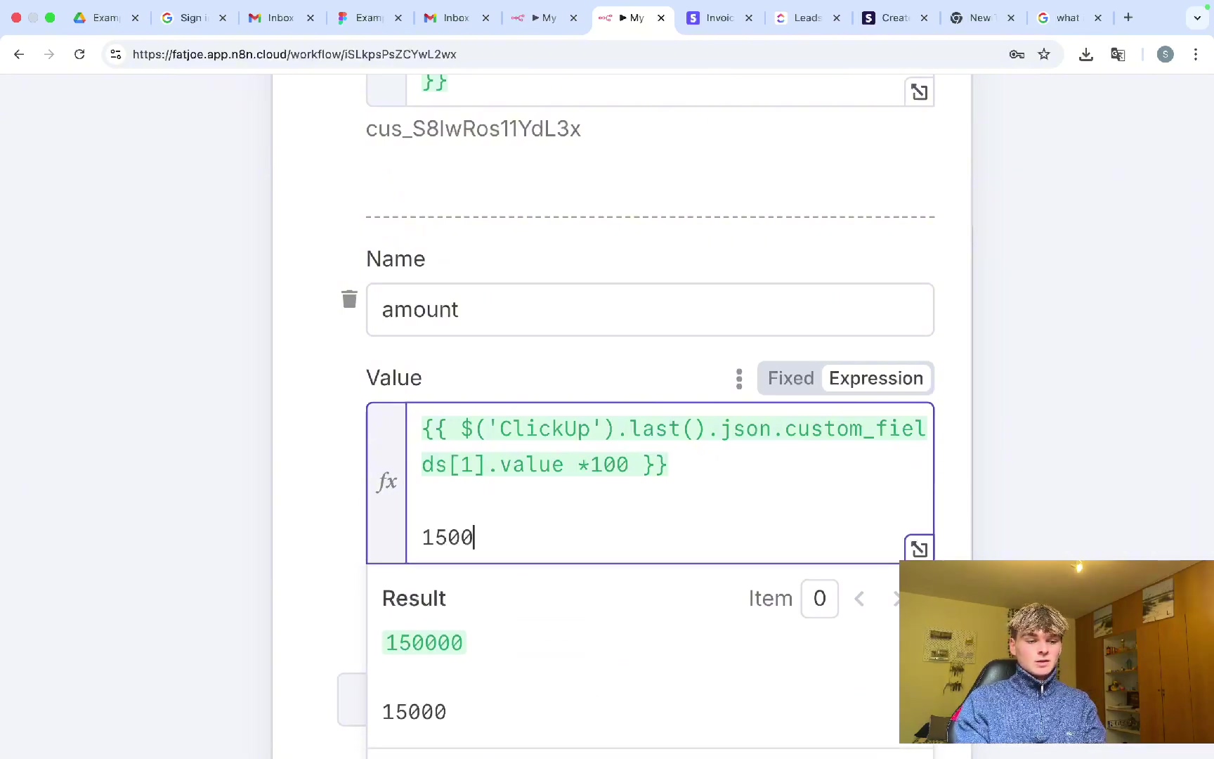 n8n 'amount' value configuration with expression and result