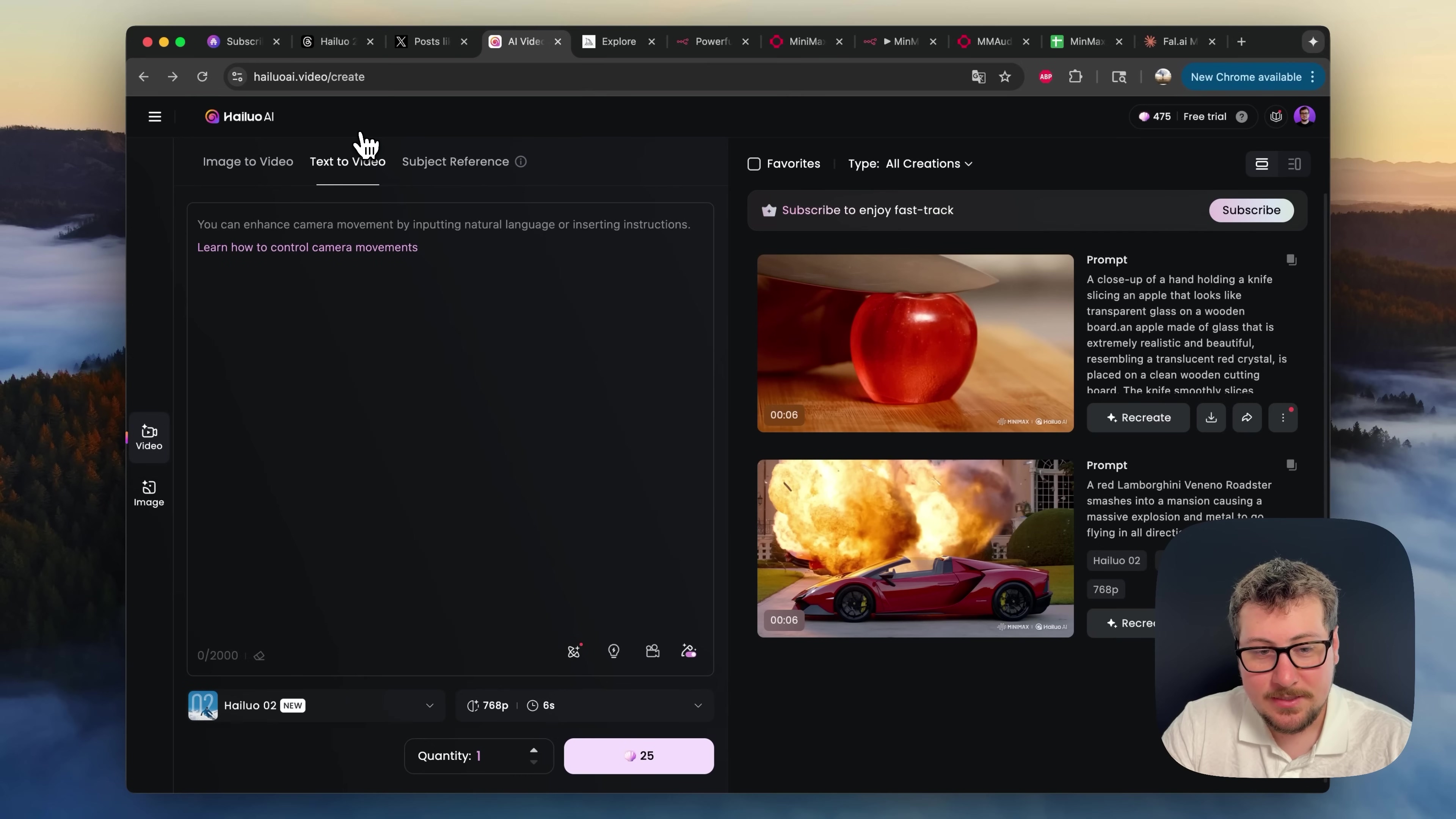 The image displays the web interface of 'Hailuo AI', a video generation platform. The main section features options to create videos from 'Image to Video', 'Text to Video', and 'Subject Reference'. Below these options, there's a text input area with a character counter '0/2000'. On the right, there are two example video outputs with their respective prompts. The top example shows a close-up of a knife slicing an apple, and the bottom example shows a red Lamborghini Veneno Roadster exploding. Below these examples, there are options for 'Quantity', '768p', and '8s', along with a '25' button, likely representing a cost or credit. The top right corner shows '475' and 'Free trial'. The left sidebar has navigation icons for 'Video' and 'Image'. The browser's address bar shows 'hailuai.video/create' and multiple tabs are open. A man with glasses is visible in the bottom right corner, looking at the screen.