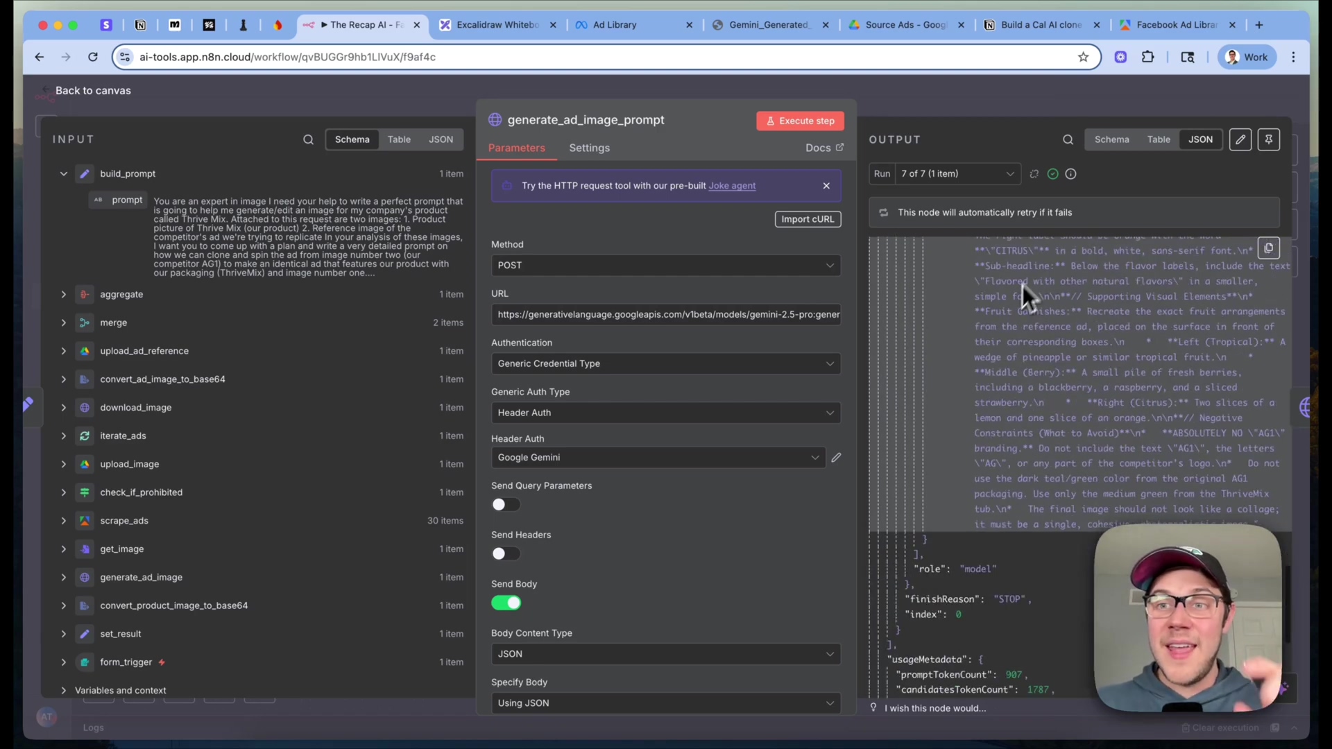 The image displays a node-based workflow interface, likely n8n, with a 'generate_ad_image_prompt' node selected in the main panel. The panel shows 'Parameters', 'Settings', and 'Docs' tabs, with 'Parameters' active. Below, there are fields for 'Method' (POST), 'URL' (https://generativelanguage.googleapis.com/v1beta/models/gemini-pro-vision:generateContent), 'Authentication', and 'Send Query Parameters'. A 'Body Content Type' is set to 'JSON', and 'Specify Body' is set to 'Using JSON'. On the left, a list of workflow nodes is visible, including 'build_prompt', 'aggregate', 'merge', 'upload_ad_reference', and others. On the right, an 'OUTPUT' panel shows the JSON response from the 'generate_ad_image_prompt' node, containing a detailed prompt for image generation, including specific instructions for the AI model. A person is visible in the bottom right corner, looking at the screen and talking.