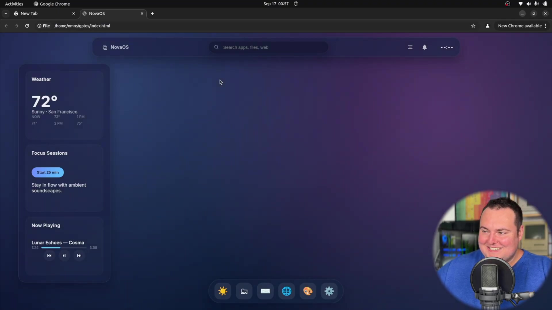 NovaOS desktop interface in Google Chrome browser