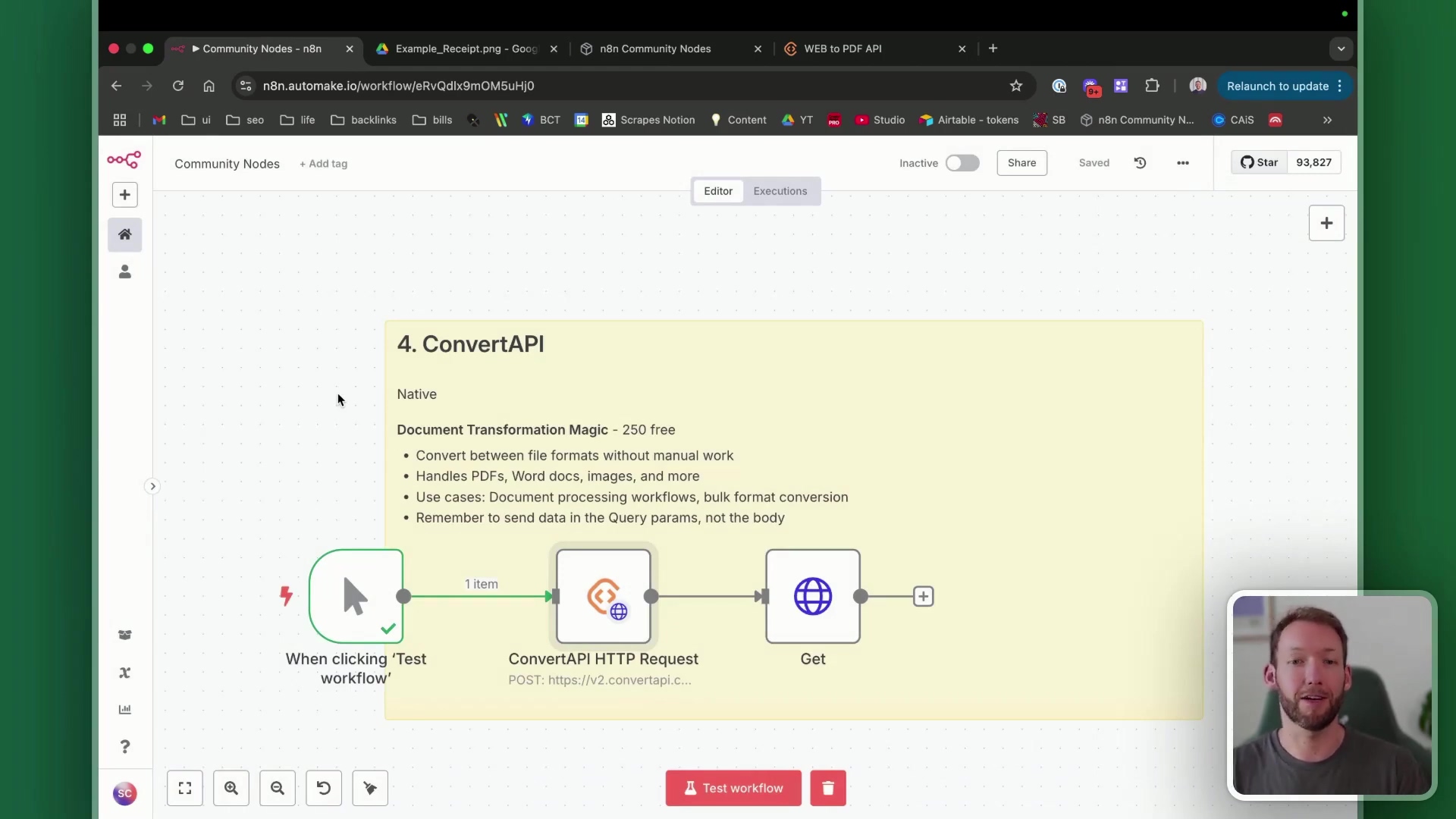 The image displays an n8n workflow interface, focusing on the 'ConvertAPI' node for file conversions. The main canvas shows a workflow starting with 'When clicking 'Test workflow'', leading to a 'ConvertAPI HTTP Request' node (POST request to v2.convertapi.com), and finally a 'Get' node. Above the workflow, a text box titled '4. ConvertAPI' provides details: 'Native', 'Document Transformation Magic - 250 free', 'Convert between file formats without manual work', 'Handles PDFs, Word docs, images, and more', 'Use cases: Document processing workflows, bulk format conversion', and 'Remember to send data in the Query params, not the body'. A small video overlay of a man speaking is visible in the bottom right corner.