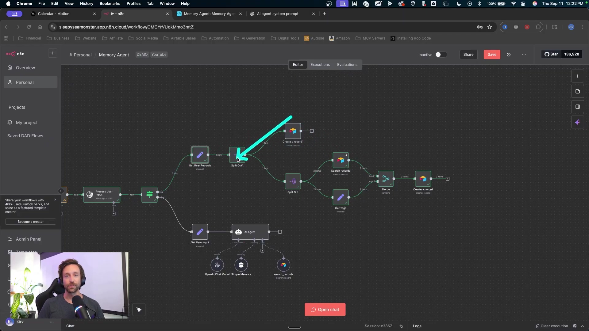 The image shows a detailed view of an n8n workflow diagram, focusing on the right side of the automation process. A bright blue arrow points to a 'Get User Records' node, which is part of a sequence involving 'Split Out', 'Create a record', 'Search records', 'Merge', and 'Get Tags' nodes. The workflow illustrates how data is retrieved, processed, and stored. The overall interface has a dark theme with white text and various colored lines connecting the nodes. A man is visible in a video call overlay in the bottom left corner, looking at the screen. Browser tabs and n8n navigation elements are visible at the top.