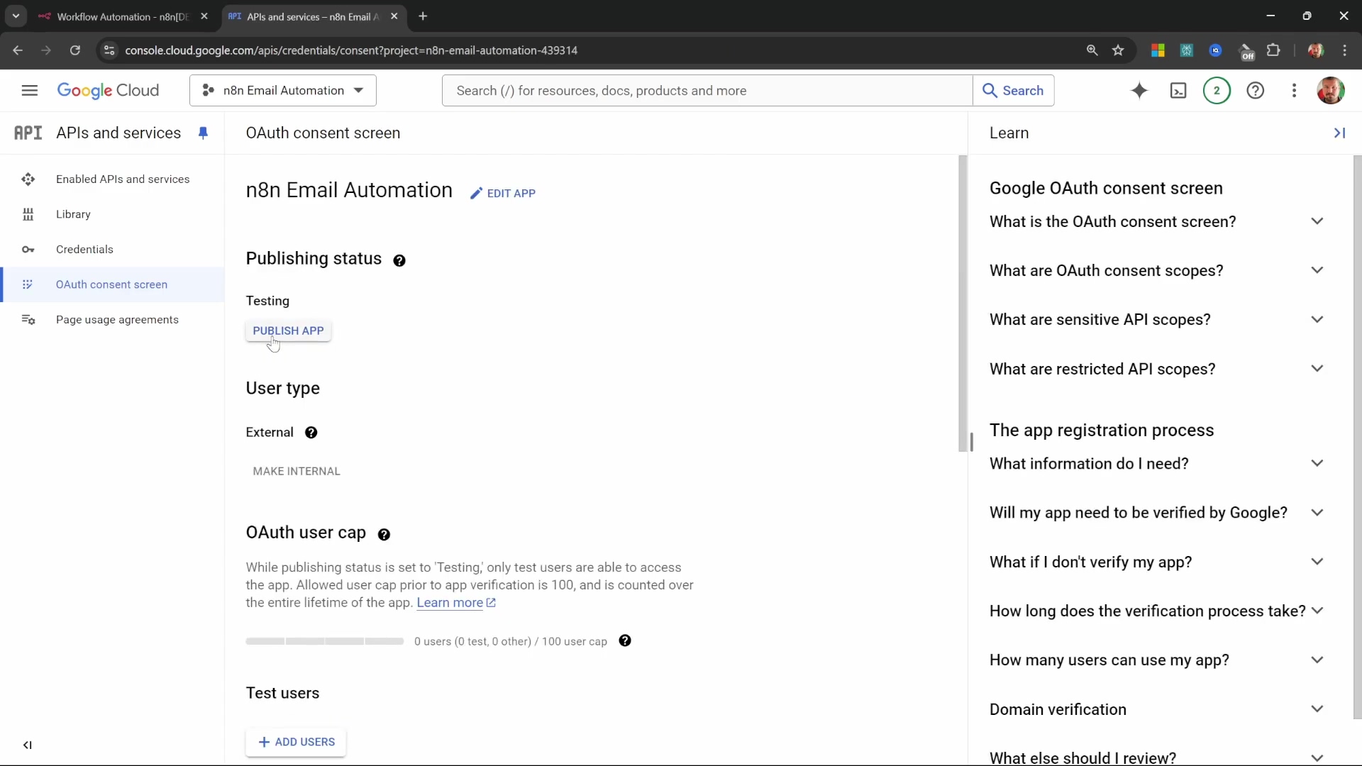 Google Cloud console OAuth consent screen publishing status