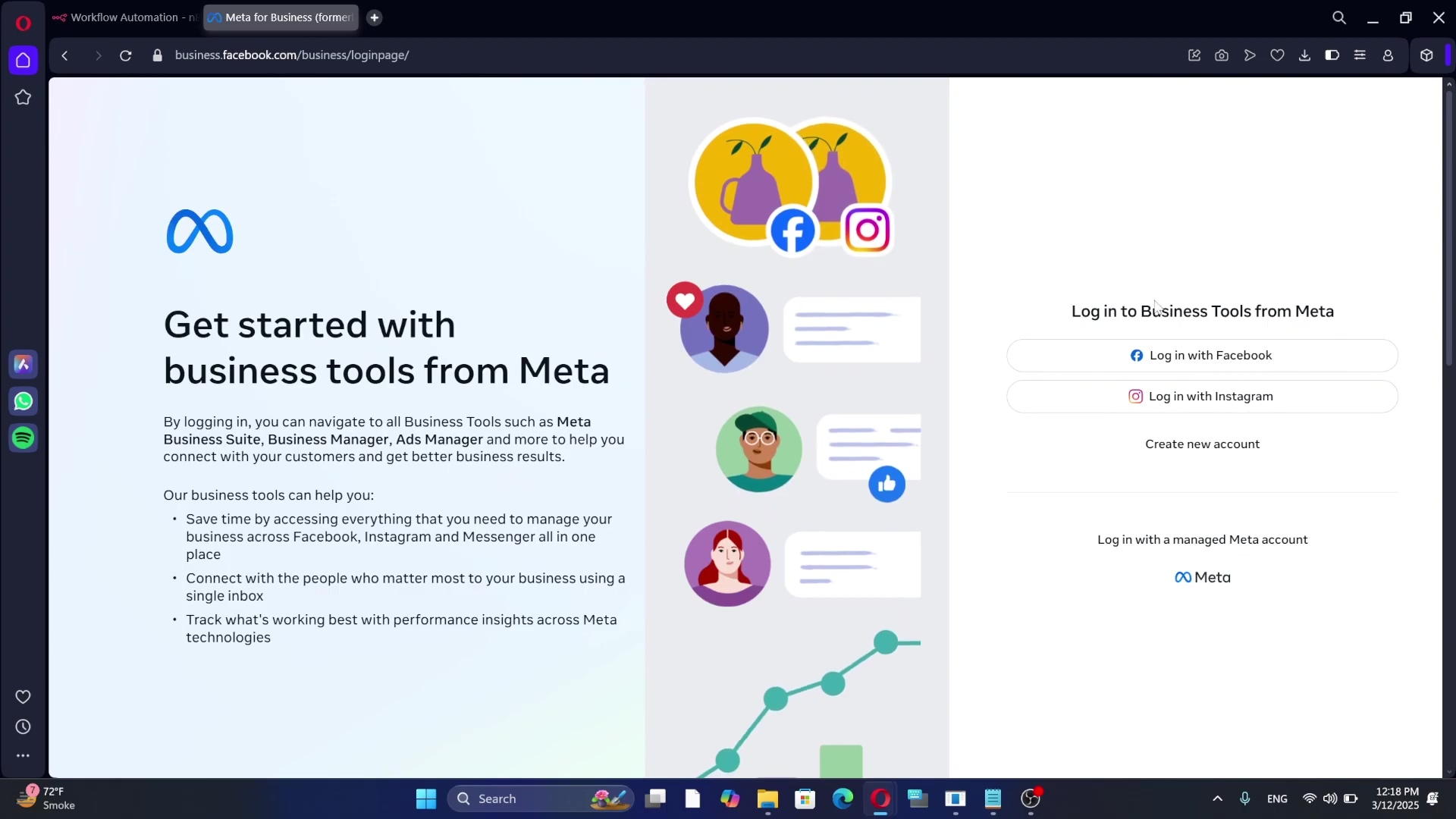 The image displays the Meta Business login page, with the URL 'business.facebook.com/business/loginpage/' visible in the browser's address bar. The left side features a large 'Meta' logo and the heading 'Get started with business tools from Meta', followed by a description of how Meta Business Suite, Business Manager, and Ads Manager can help manage business presence. The right side shows a login section with options to 'Log in with Facebook' and 'Log in with Instagram', along with a 'Create new account' link and an option to 'Log in with a managed Meta account'. The background features abstract illustrations related to social media and business.