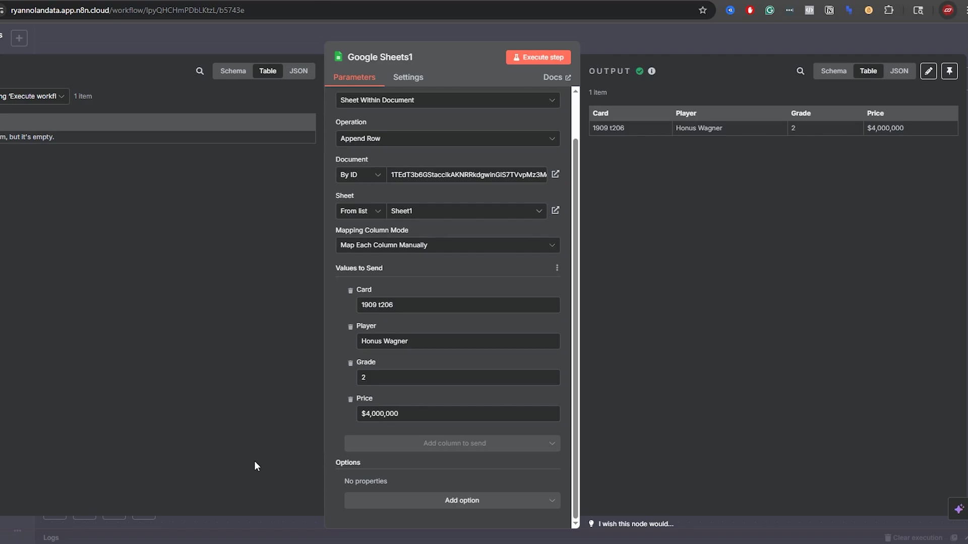 The image shows an n8n interface with a 'Google Sheets1' node selected, displaying its configuration panel. The 'Parameters' tab is active. The 'Operation' is set to 'Append Row'. The document is identified by an ID, and the sheet is 'Sheet1'. 'Mapping Column Mode' is set to 'Map Each Column Manually'. Under 'Values to Send', there are fields for 'Card', 'Player', 'Grade', and 'Price'. 'Card' has a value of '1909 /206', 'Player' is 'Honus Wagner', 'Grade' is '2', and 'Price' is an empty field. There's an option to 'Add column to send' and 'Add option'. On the right, an 'OUTPUT' section is visible, stating 'Execute this node to view data or set mock data'. A red error message at the bottom right indicates 'Problem in node 'Google Sheets1' Could not get parameter'. The interface is in dark mode.