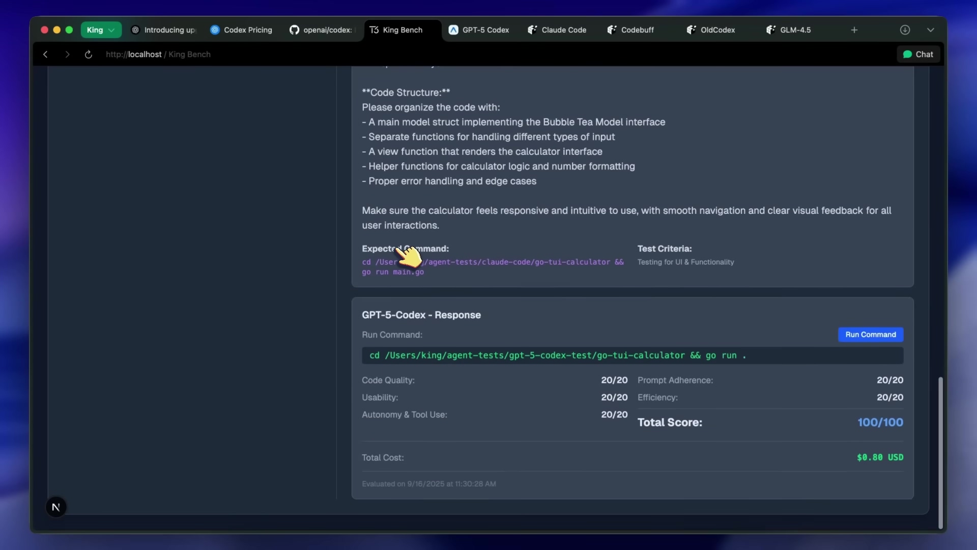 The image displays a screen capture of a coding environment, likely a test or demonstration of GPT-5 Codex. The screen shows a set of instructions and expected behavior for a coding task, followed by the response generated by GPT-5 Codex. The instructions are related to organizing code with a specific structure, including implementing a Bubble Tea Model interface. The GPT-5 Codex response includes a run command, code quality assessment, and a total score of 100/100. The evaluation indicates a cost of $0.08 USD and was performed on 9/16/2025 at 11:30:28 AM.