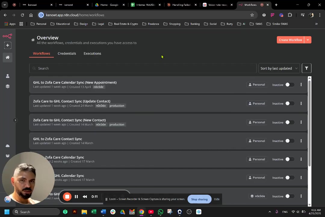 The image displays the n8n workflow overview interface. The main section shows a list of workflows with details like 'Last updated', 'Created', and status indicators (Personal, Inactive). A search bar and a 'Sort by last updated' dropdown are visible at the top of the workflow list. On the left, there's a navigation sidebar with icons for various n8n functionalities. A 'Create Workflow' button is prominently displayed in the top right corner. At the bottom, a video player overlay from Loom is visible, showing a play button, timestamp '0:11', and 'Stop sharing' and 'Hide' buttons. A man's face is visible in the bottom left corner, likely the presenter.