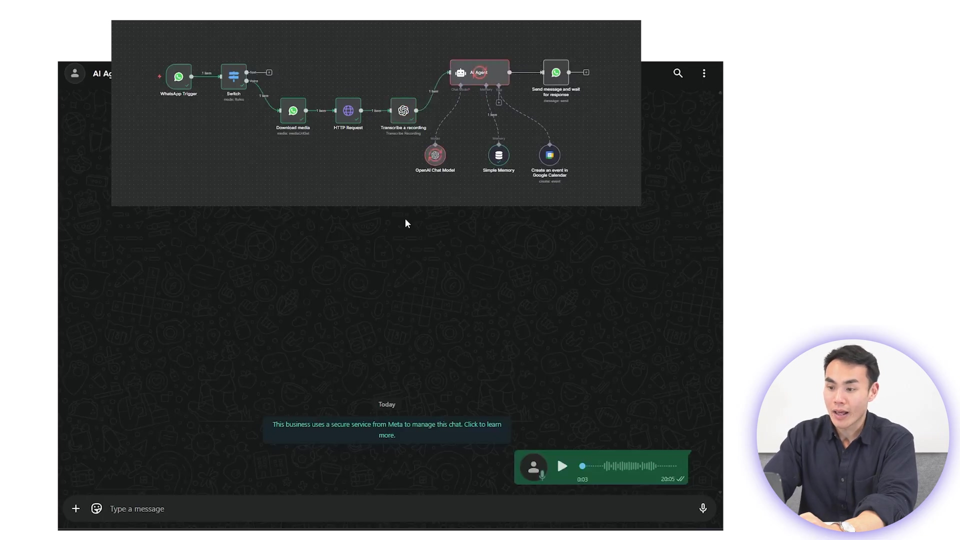 The image shows a split screen. The top half displays an n8n workflow diagram with several interconnected nodes: 'WhatsApp Trigger', 'Download media', 'HTTP Request', 'Transcribe a recording', 'AI Agent', 'OpenAI Chat Model', 'Simple Memory', 'Create an event in Google Calendar', and 'Send message and wait for response'. The bottom half shows a WhatsApp chat interface with a dark background. A message bubble reads 'This business uses a secure service from Meta to manage this chat. Click to learn more.' Below this, there's an audio message with a play button, a timestamp '0:05', and a duration '0:05'. At the very bottom, there's a text input field labeled 'Type a message' with a microphone icon and an emoji icon. A man in a circular overlay is visible in the bottom right corner, looking at the screen and talking.