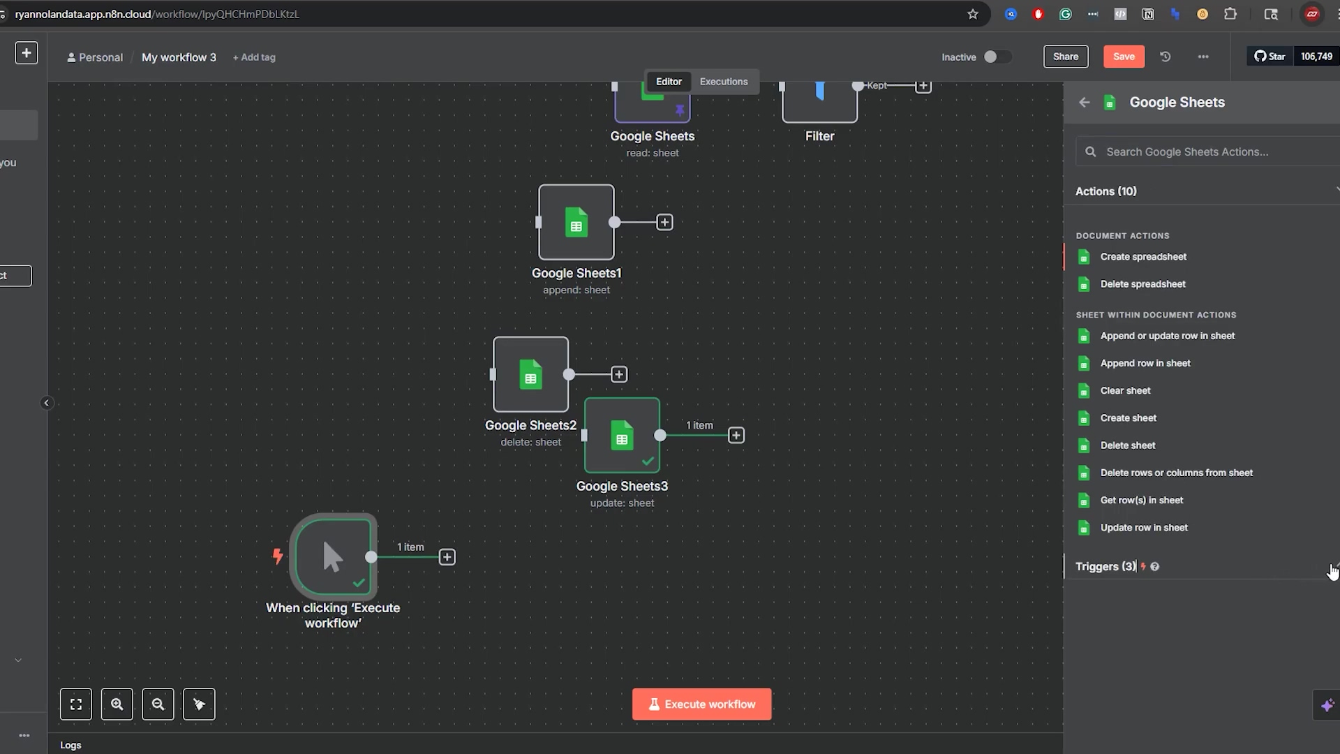 The image displays a dark-themed n8n workflow interface. On the left, a sidebar shows 'Personal' and 'My workflow 3' with an 'Add tag' button. The main canvas features several interconnected nodes: 'Google Sheets' (read: sheet), 'Filter', 'Google Sheets1' (append: sheet), 'Google Sheets2' (delete: sheet), and 'Google Sheets3' (update: sheet). A 'When clicking 'Execute workflow'' node is at the bottom left, connected to 'Google Sheets3'. On the right, a 'Google Sheets' panel is open, displaying a search bar 'Search Google Sheets Actions...' and two sections: 'DOCUMENT ACTIONS' with 'Create spreadsheet' and 'Delete spreadsheet', and 'SHEET WITHIN DOCUMENT ACTIONS' with 'Append or update row in sheet', 'Append row in sheet', 'Clear sheet', 'Create sheet', 'Delete sheet', 'Delete rows or columns from sheet', 'Get row(s) in sheet', and 'Update row in sheet'. Below this are 'TRIGGERS (3)'. The 'Update row in sheet' option is highlighted in green. The top bar includes 'Share', 'Save', and a star icon with '100,749'.