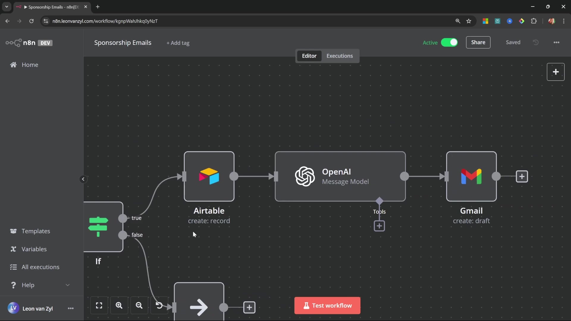 N8N workflow overview for sponsorship email automation