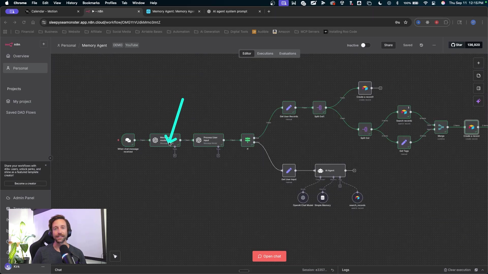 The image displays a detailed view of an n8n workflow interface, showing interconnected nodes representing different automation steps. The workflow starts with a 'When chat message received' node, leading to an 'OpenAI' node, and then branches into two 'AI Agent' nodes before converging into a final 'AI Agent' node that responds to the user. A bright blue arrow highlights the connection between the 'OpenAI' node and the first 'AI Agent' node. The top of the screen shows browser tabs and a menu bar with options like 'File', 'Edit', 'View', 'History', 'Bookmarks', 'Profiles', 'Tab', 'Window', 'Help'. The bottom left corner features a small inset video of the presenter, similar to the previous image. The interface is dark-themed with white text and colorful node icons.