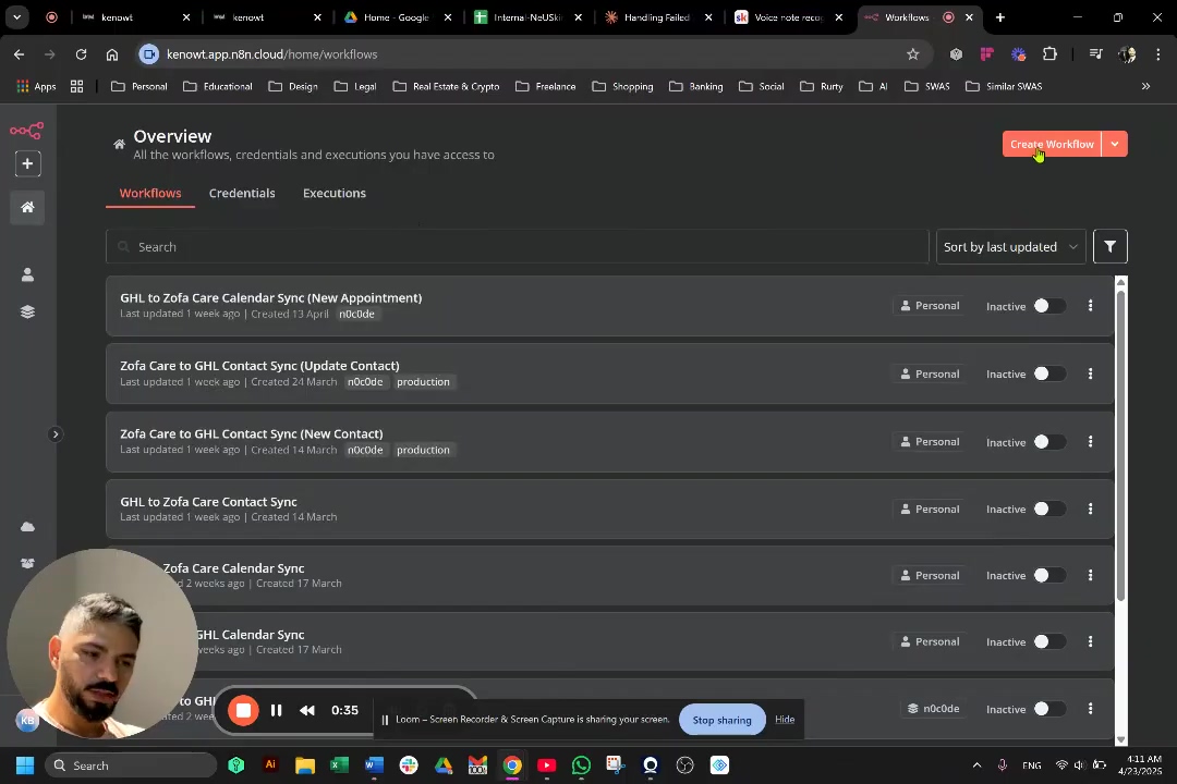 n8n workflow list with 'Create Workflow' button