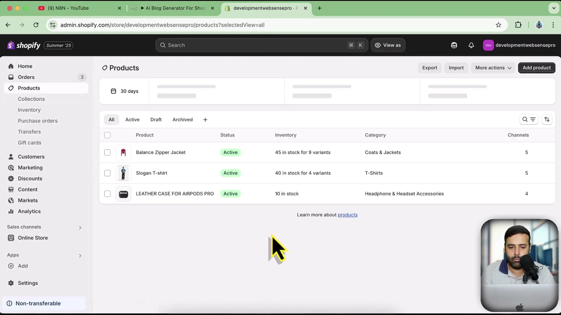 Shopify admin product list showcasing active products and in
