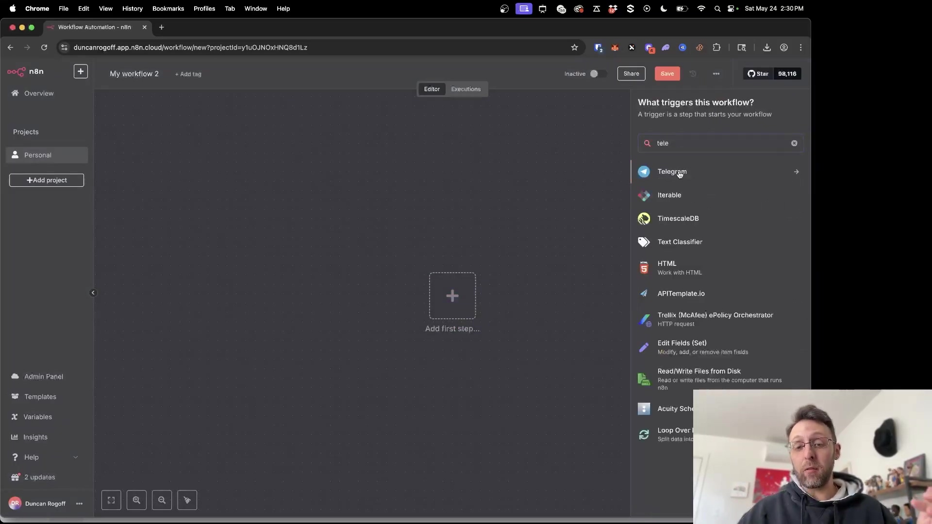 The image displays a screenshot of the n8n workflow automation platform interface. On the left, there's a navigation panel with options like 'Overview', 'Projects', 'Personal', 'Admin Panel', 'Templates', 'Insights', 'Help', and 'Updates'. The main central area shows an empty workflow canvas with a large plus icon and the text 'Add first step...'. To the right, a 'What triggers this workflow?' panel is open, featuring a search bar with 'Telegram' typed into it. Below the search bar, a list of potential triggers is visible, with 'Telegram' highlighted and its icon displayed. Other options like 'Iterable', 'TimescaleDB', 'Text Classifier', 'HTML', 'APITemplate.io', 'Trellix (McAfee) ePolicy Orchestrator', 'Edit Fields (Set)', 'ReachWrite Files from Disk', 'Acuity Scheduling', and 'Loop Over Items' are also listed. A man with glasses and a beard is visible in the bottom right corner, looking at the screen.