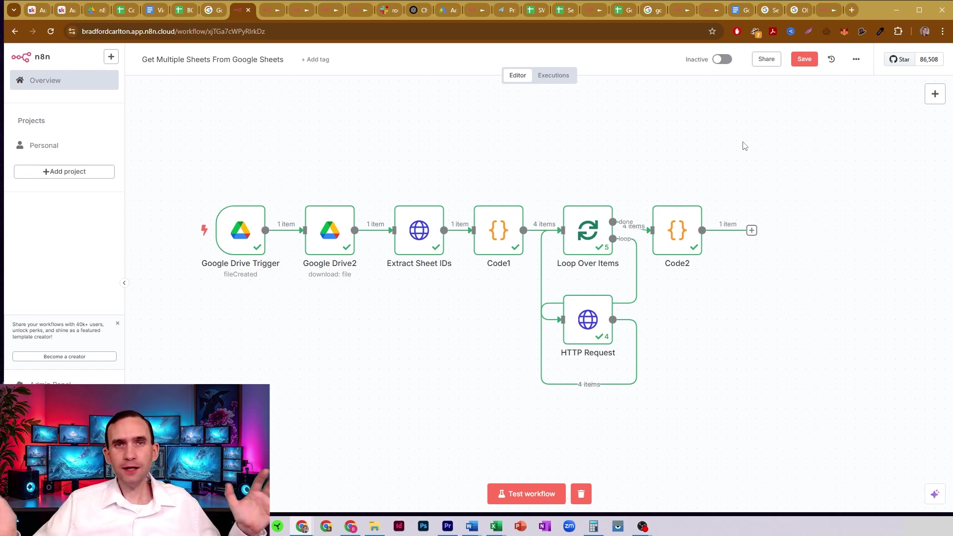 The image displays an n8n workflow interface with a series of connected nodes. The workflow starts with a 'Google Drive Trigger' node, followed by 'Google Drive2', 'Extract Sheet IDs', 'Code1', 'Loop Over Items', 'Code2', and an 'HTTP Request' node. The 'Loop Over Items' node shows a connection to the 'HTTP Request' node, indicating a branching path. The top of the interface includes navigation for 'Overview' and 'Projects', and buttons for 'Editor', 'Executions', 'Share', and 'Save'. A person is visible in the bottom left corner, gesturing with both hands, in front of multiple computer monitors displaying colorful abstract images.