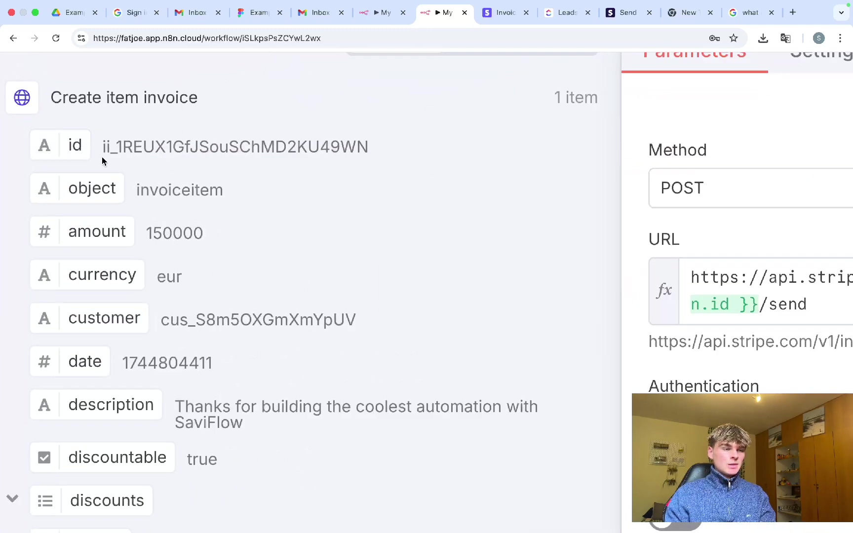 n8n input panel displaying invoiceitem JSON data