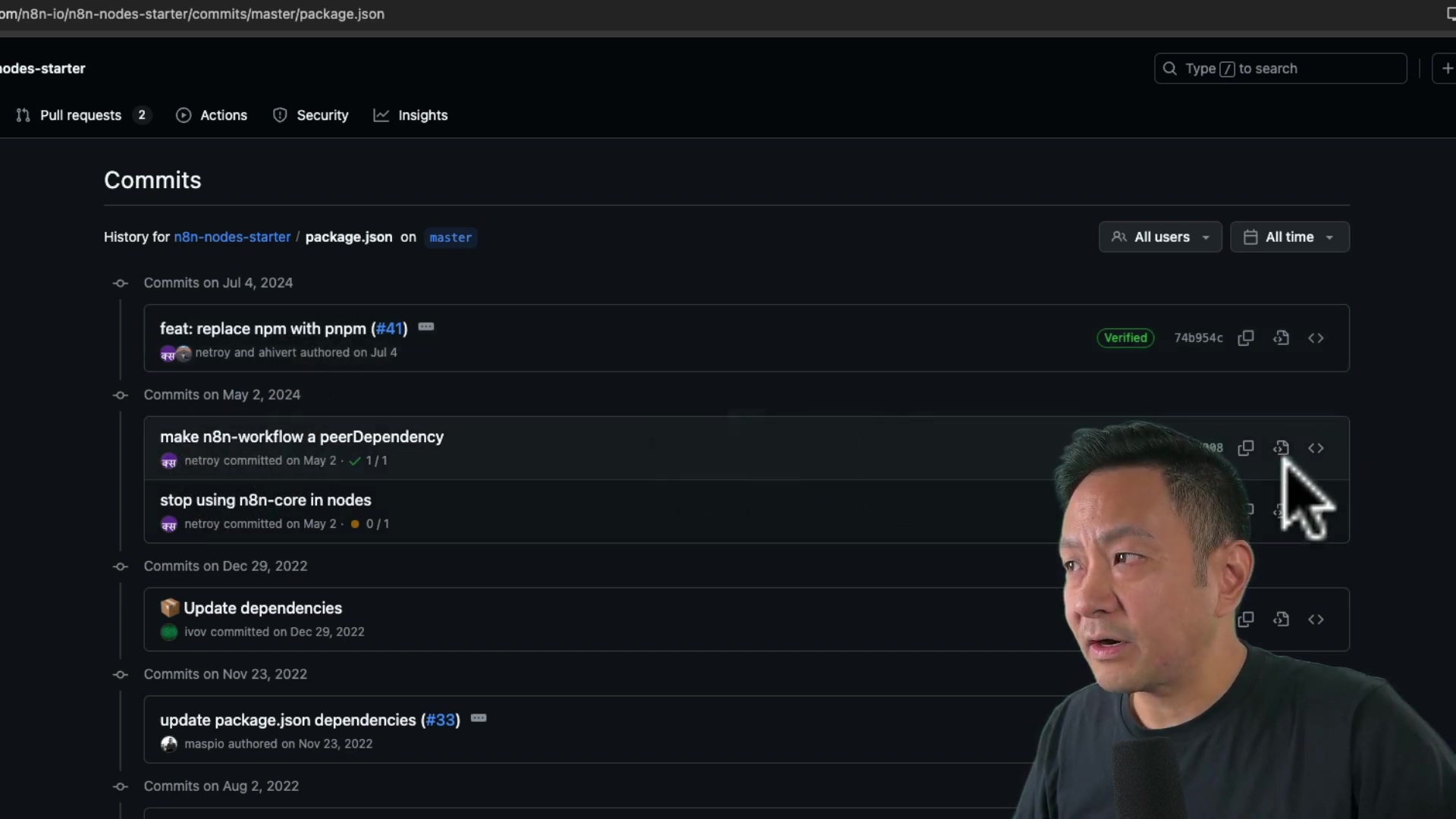 The image shows a screen capture of a GitHub repository page for 'n8n-nodes-starter'. The 'Commits' section is displayed, showing a history of commits to the 'package.json' file on the 'master' branch. The most recent commit is 'feat: replace npm with pnpm (#41)' from July 4, 2024. Other commits include 'make n8n-workflow a peerDependency' from May 2, 2024, and 'stop using n8n-core in nodes' also from May 2, 2024. On the right side of the image, a person is partially visible.