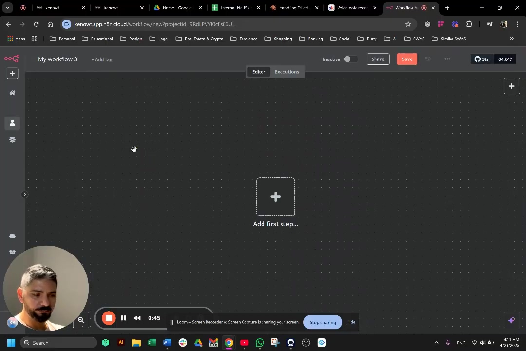 The image displays the n8n workflow editor interface, which is currently empty, showing a large '+' icon with the text 'Add first step...' indicating where a new workflow can be initiated. The top bar shows 'My Workflow 3' as the title, along with 'Add tag', 'Inactive' toggle, 'Share', 'Save' buttons, and a 'Star' icon with '84,647'. On the left, there is a vertical navigation bar with icons. A Loom video player overlay is at the bottom, showing '0:45' as the current timestamp. The presenter's face is in the bottom left corner.