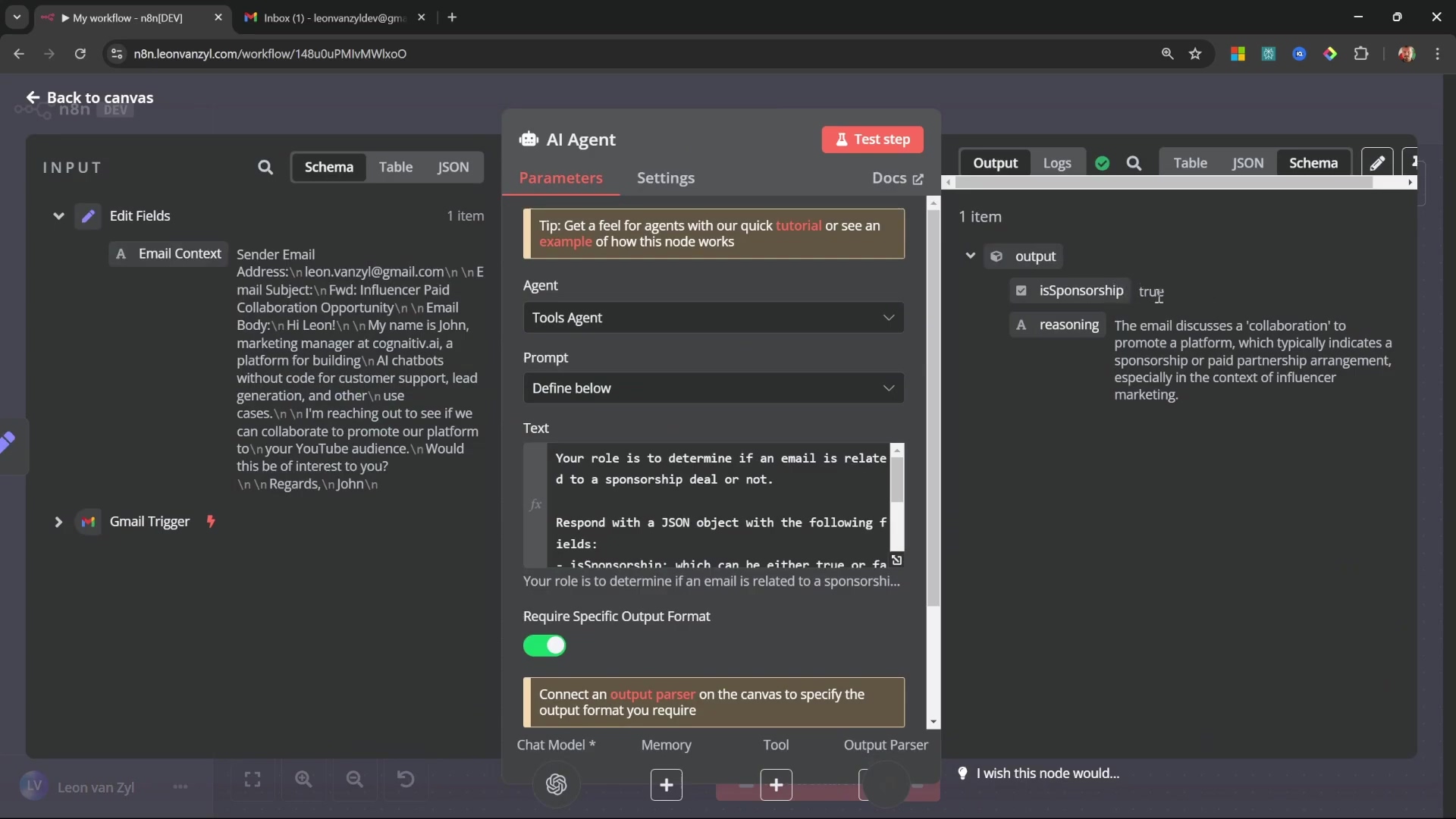 AI Agent node with prompt and output for sponsorship detecti