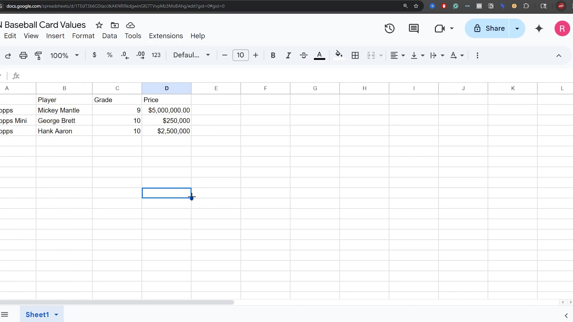 The image displays a Google Sheets spreadsheet titled "N Baseball Card Values" in a web browser. The spreadsheet contains three columns: "Player", "Grade", and "Price". There are three rows of data visible: "Mickey Mantle" with a grade of "9" and a price of "$5,000,000.00", "George Brett" with a grade of "10" and a price of "$250,000", and "Hank Aaron" with a grade of "10" and a price of "$2,500,000". The cell D4 is currently selected. The browser interface shows tabs, navigation buttons, and menu options like "File", "Edit", "View", "Insert", "Format", "Data", "Tools", "Extensions", and "Help".