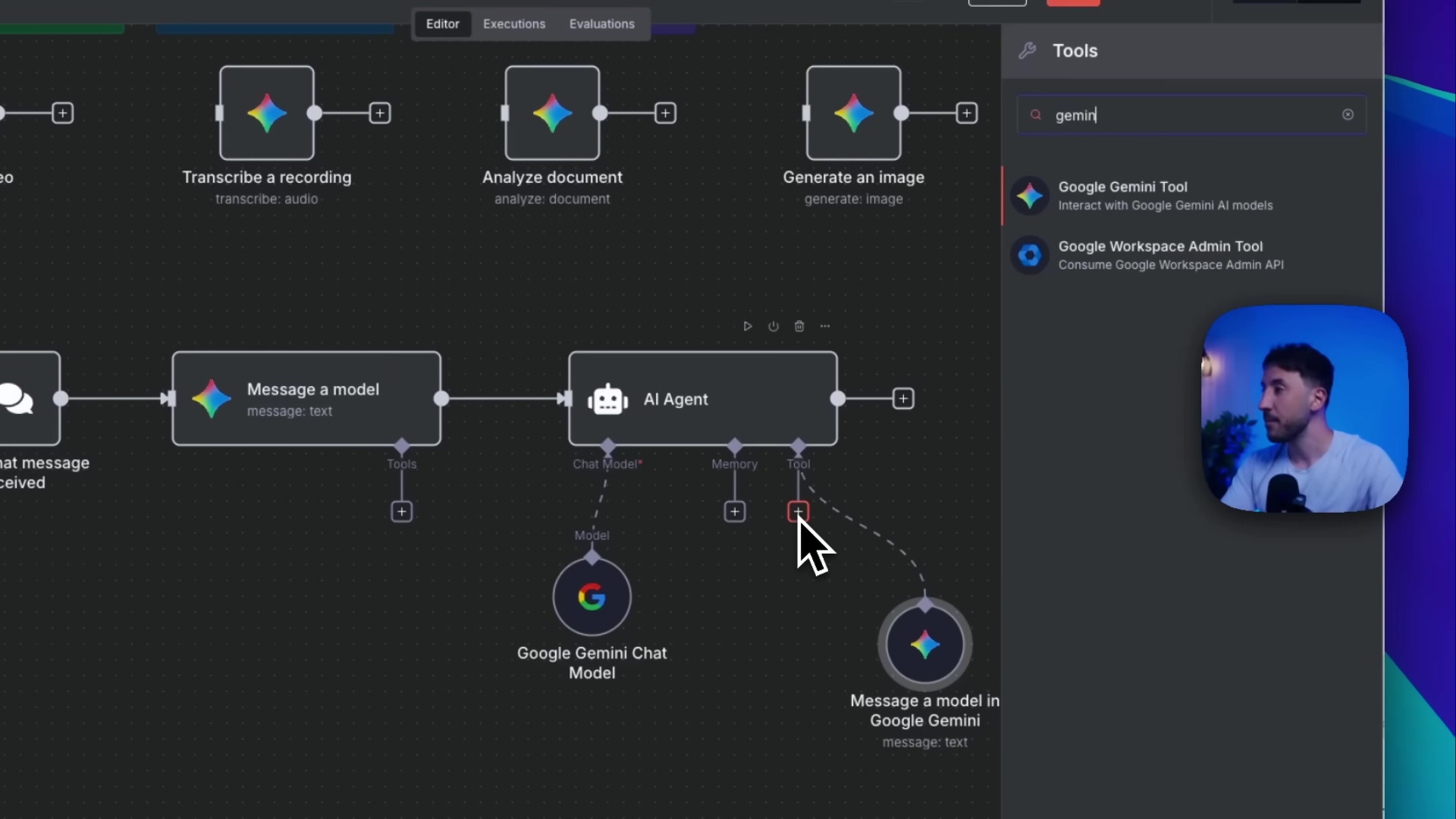 The image displays a dark-themed software interface, likely a node-based workflow editor, with several interconnected nodes representing an automation workflow. Nodes visible include "Transcribe a recording", "Analyze document", "Generate an image", "Message a model", and "AI Agent". A search bar labeled "Tools" is open on the right, with the search term "gemini" entered, showing search results for "Google Gemini Tool" and "Google Workspace Admin Tool". A hand cursor is pointing to a plus icon next to the "AI Agent" node, indicating an action to add a new tool or connection. The person from the previous image is visible in the bottom right corner, observing the screen. The background behind the person is a blue and purple gradient.