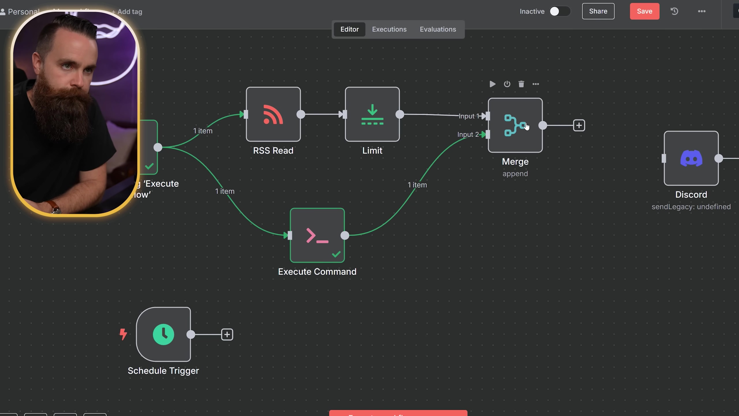 The image shows the n8n automation workflow interface with several connected nodes. From left to right, the nodes are 'RSS Read', 'Limit', 'Merge', and 'Discord'. Below the 'RSS Read' and 'Limit' nodes, an 'Execute Command' node is connected to the 'Merge' node. A 'Schedule Trigger' node is positioned at the bottom left, unconnected to the main workflow. A circular overlay of a man with a beard is in the top left corner. The top bar of the interface displays 'Editor', 'Executions', 'Evaluations', 'Inactive', 'Share', 'Save', and a 'Star' icon with '114,286'.