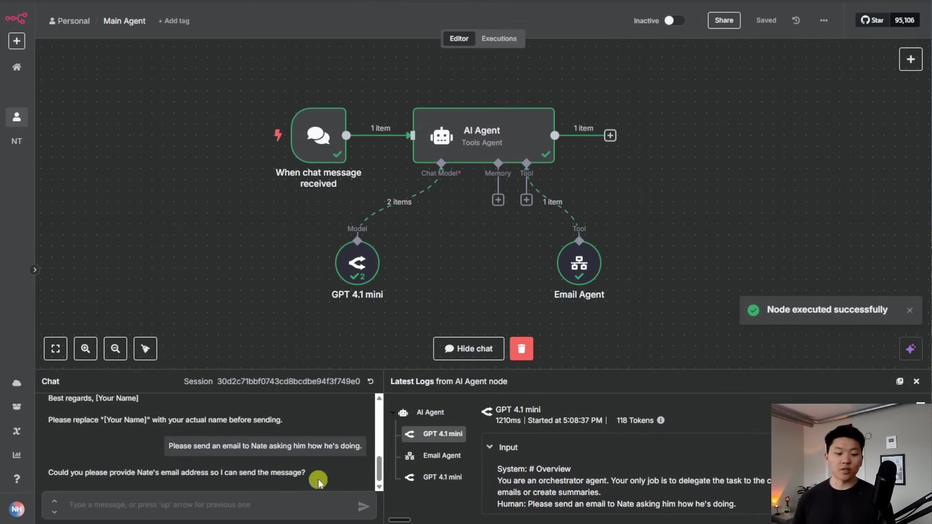 The image shows a node-based workflow editor, likely n8n, demonstrating a multi-agent system. The central canvas displays interconnected nodes: 'When chat message received', 'GPT 4.1 mini', 'AI Agent (Tools Agent)', and 'Email Agent'. Arrows indicate the flow of data between these nodes. A green checkmark and 'Node executed successfully' are visible near the 'Email Agent' node. Below the workflow, a 'Chat' interface is shown on the left, with a conversation history and an input field. On the right, a 'Latest Logs from AI Agent node' panel displays a hierarchical log of actions, including 'AI Agent', 'GPT 4.1 mini', 'Email Agent', and their inputs/outputs. The log shows details like '120ms | Started at 5:03:37 PM | 118 Tokens' and 'System: # Overview You are an orchestrator agent. Your only job is to delegate the task to the c emails or create summaries. Human: Please send an email to Nate asking how he's doing.'. A person is visible in the bottom right corner, looking at the screen.